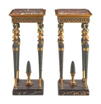 A Pair of Baltic Patinated Metal Mounted Painted and Parcel-Gilt Marble-Top Pedestals