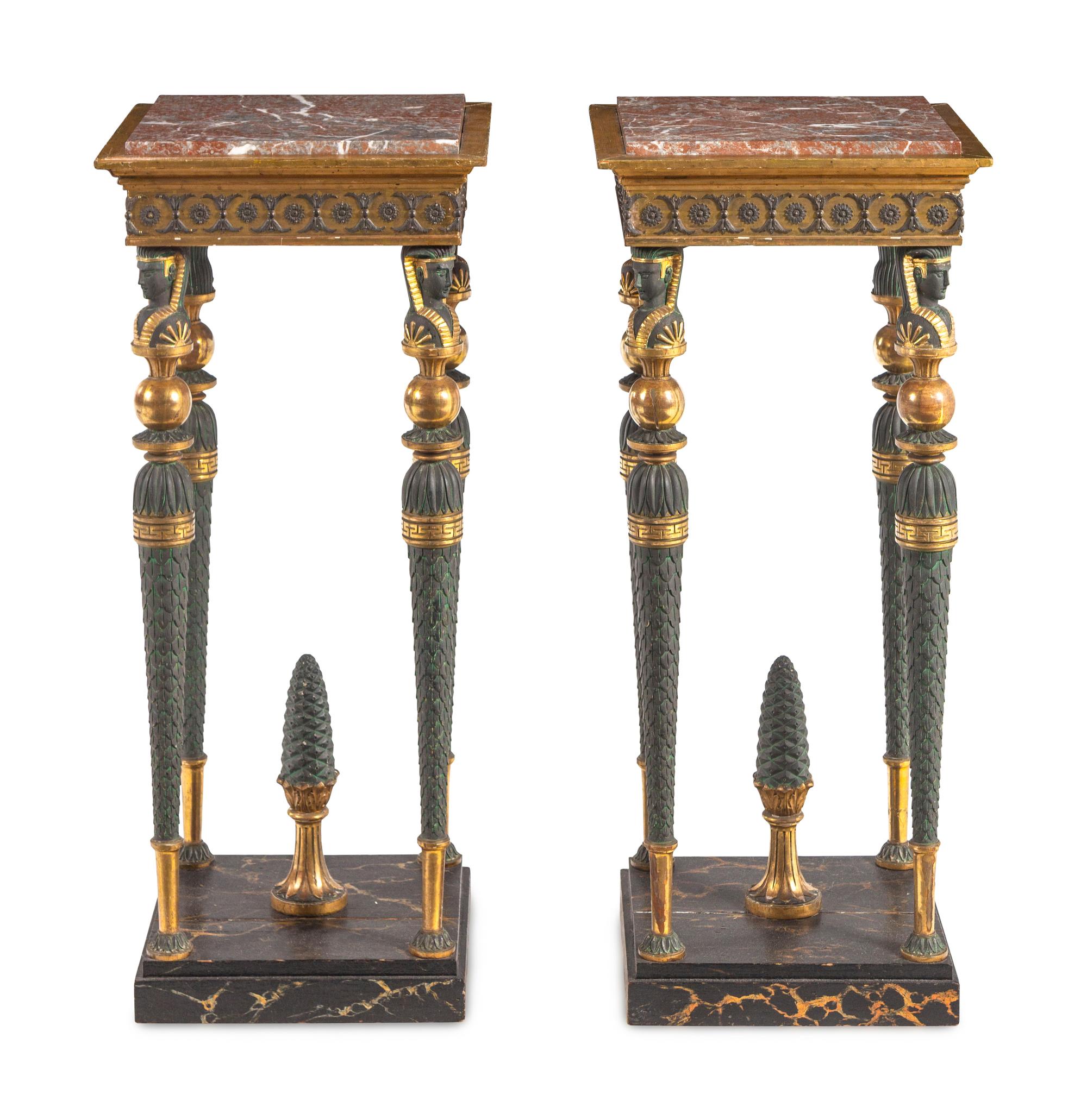 A Pair of Baltic Patinated Metal Mounted Painted and Parcel-Gilt Marble-Top Pedestals