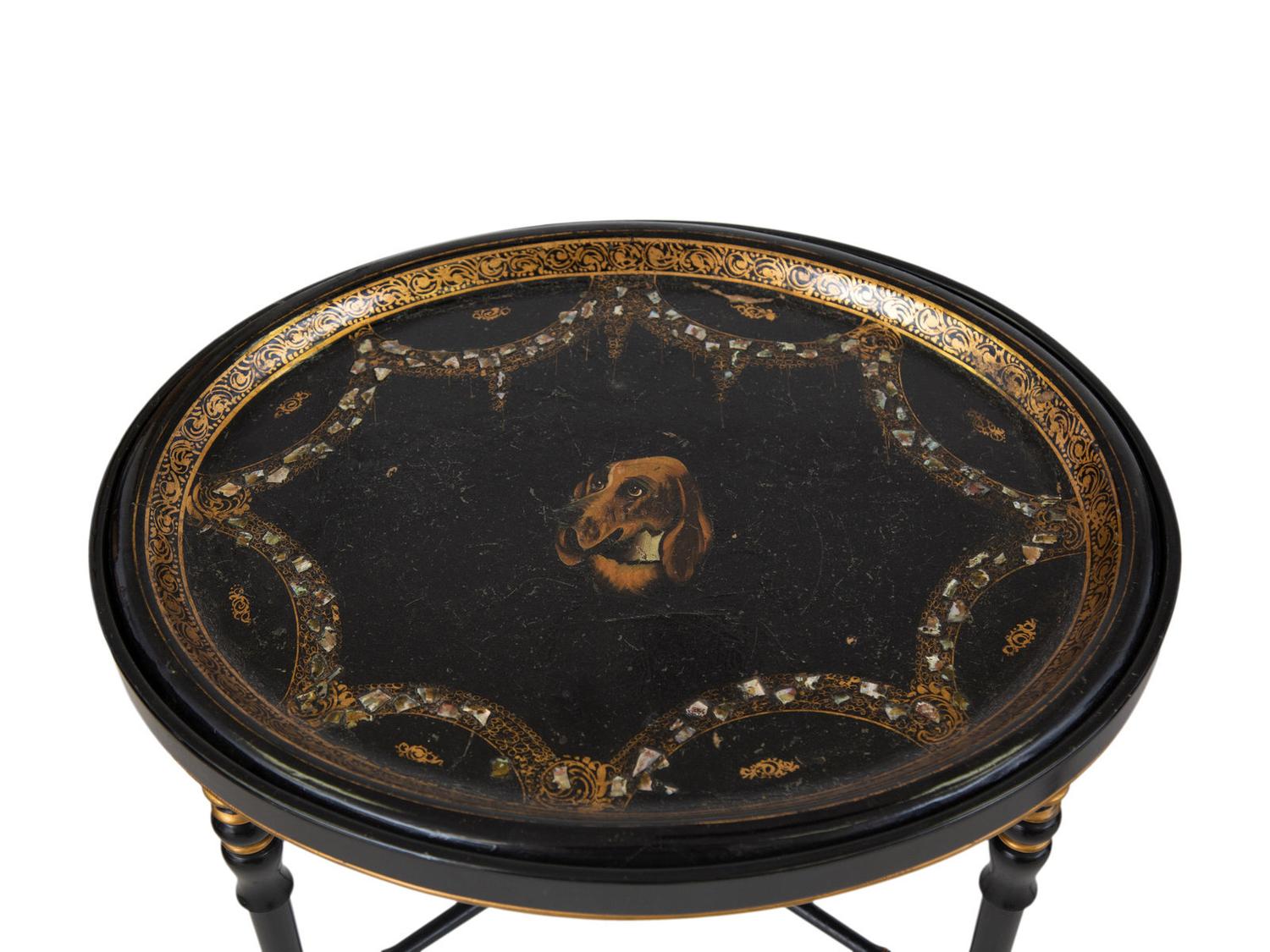 Two English Papier Mache Oval Serving Trays on Ebonized Stands
