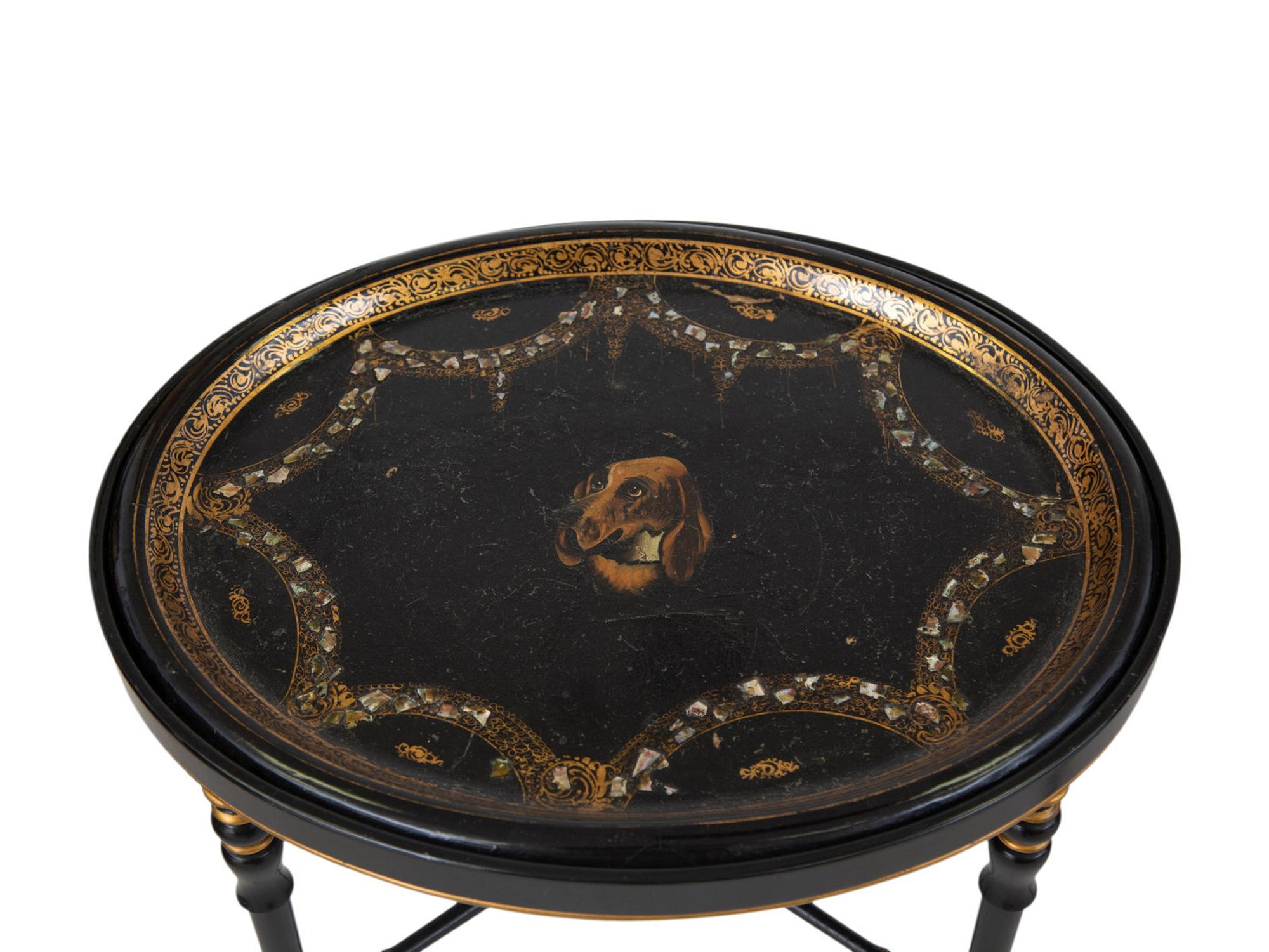 Two English Papier Mache Oval Serving Trays on Ebonized Stands