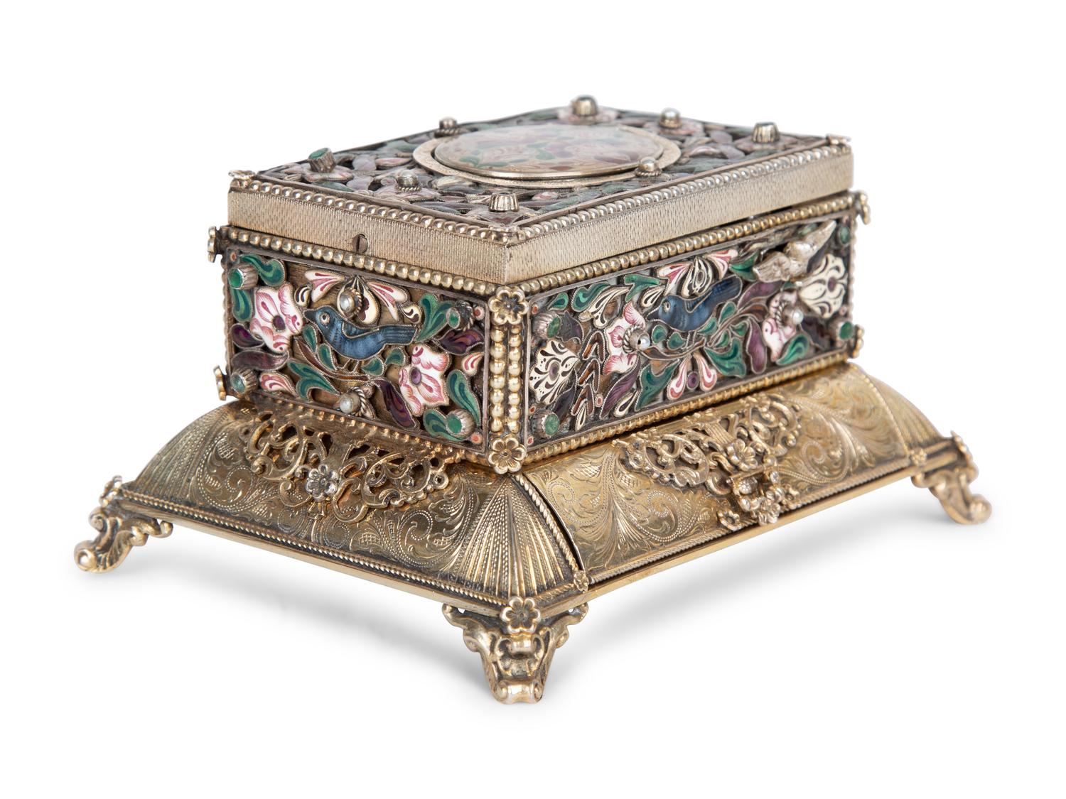 A Continental Enameled Silver Gilt Singing Bird Automaton Box — 19TH CENTURY