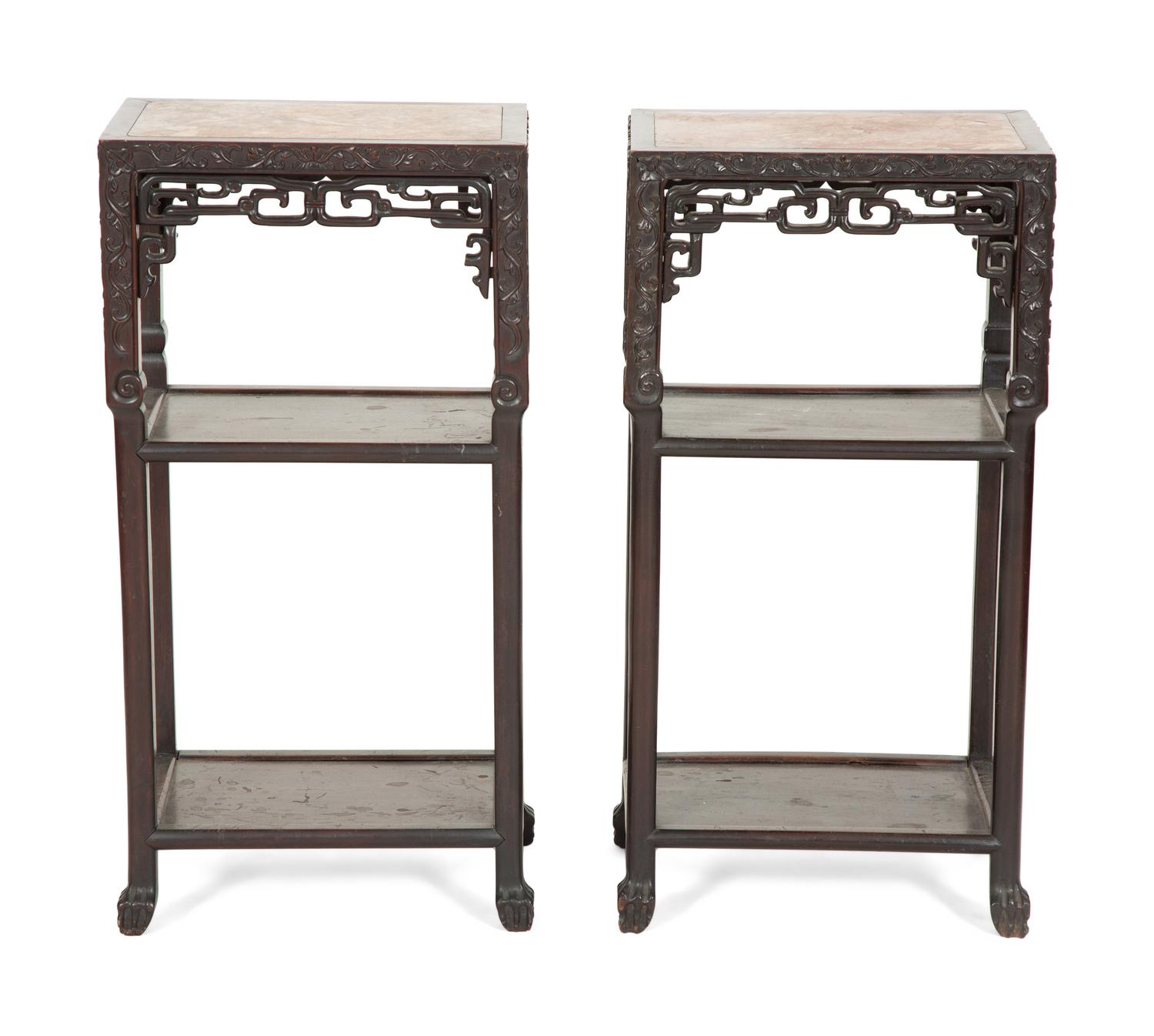 A Pair of Chinese Hardwood Jardinière Stands with Inset Marble Tops