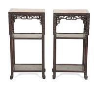 A Pair of Chinese Hardwood Jardinière Stands with Inset Marble Tops