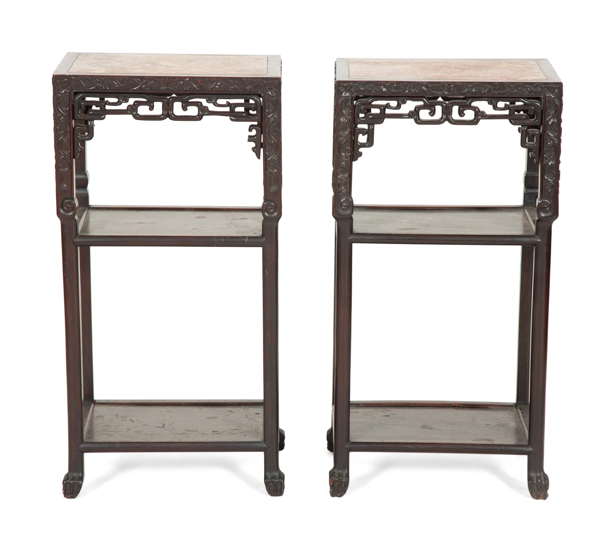 A Pair of Chinese Hardwood Jardinière Stands with Inset Marble Tops