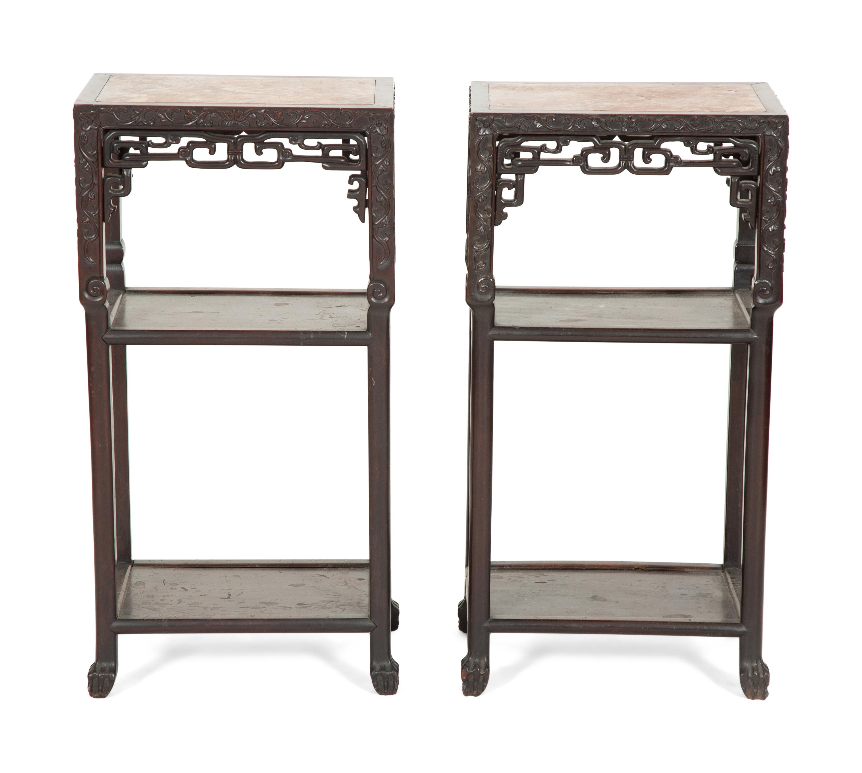 A Pair of Chinese Hardwood Jardinière Stands with Inset Marble Tops
