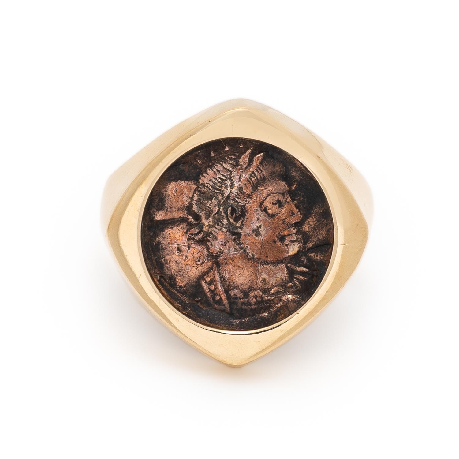 Yellow Gold and Ancient Bronze Coin Ring