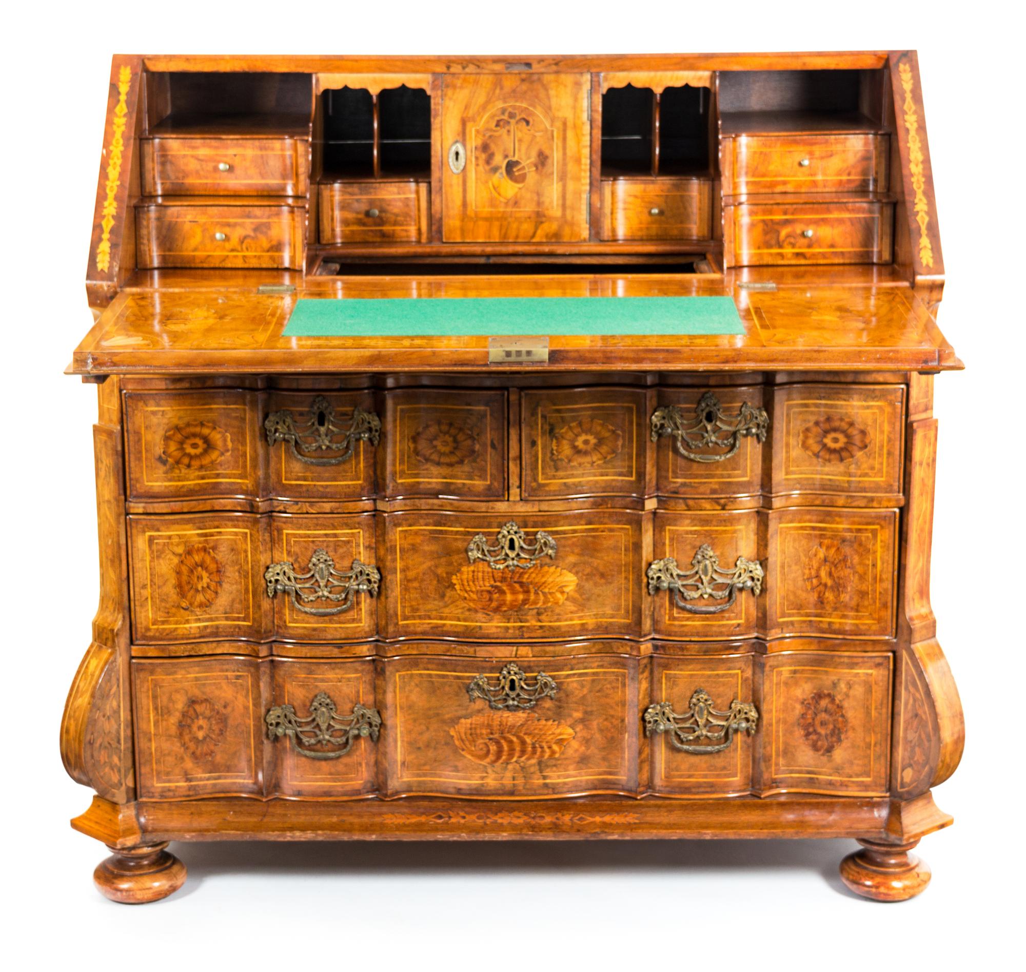 A Dutch Walnut and Marquetry Bureau Height 45 1/2 x width 44 x depth 24 inches. — 19TH CENTURY