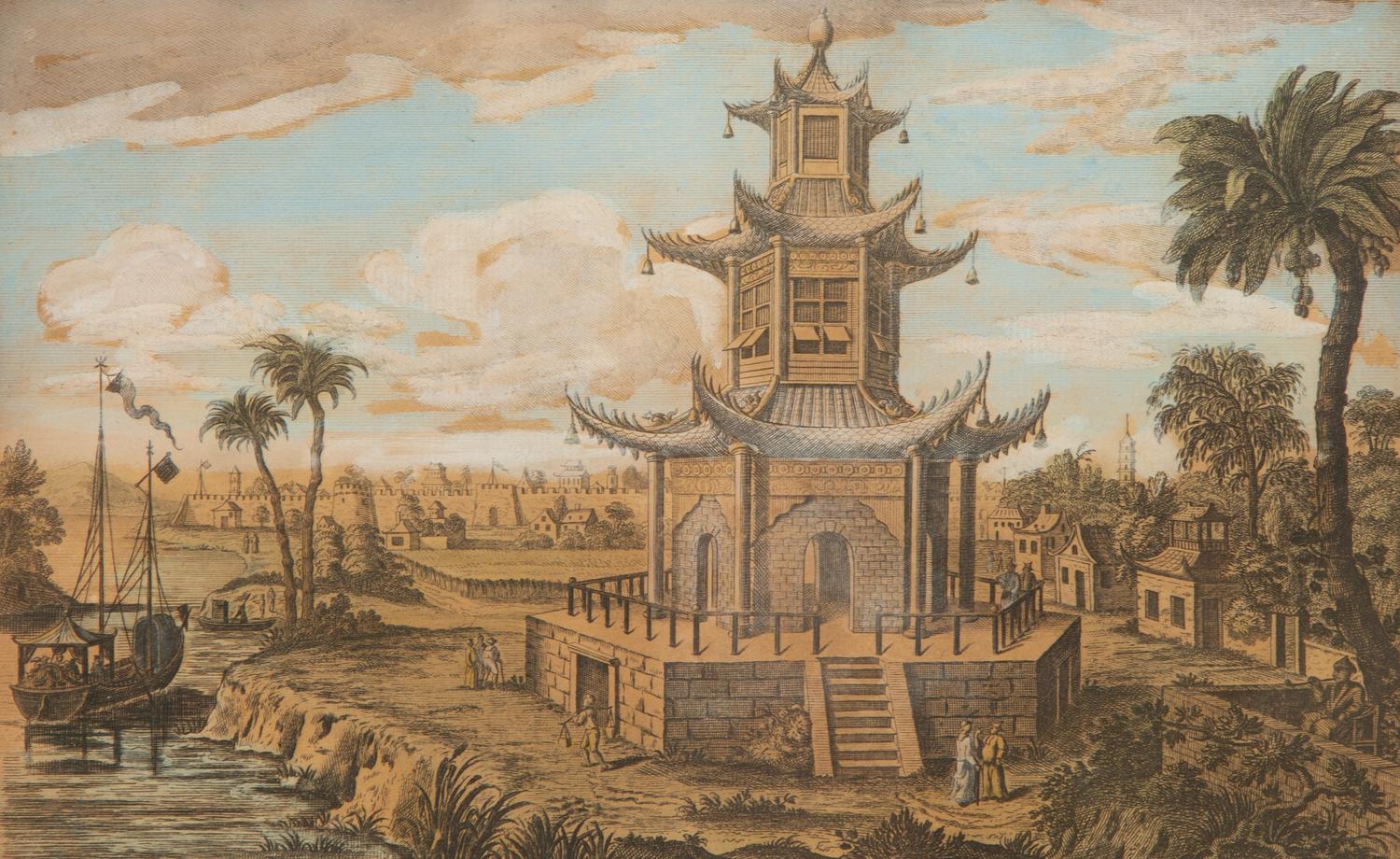 A Set of Five Colored Engravings of Views of China, After Augustin Heckel