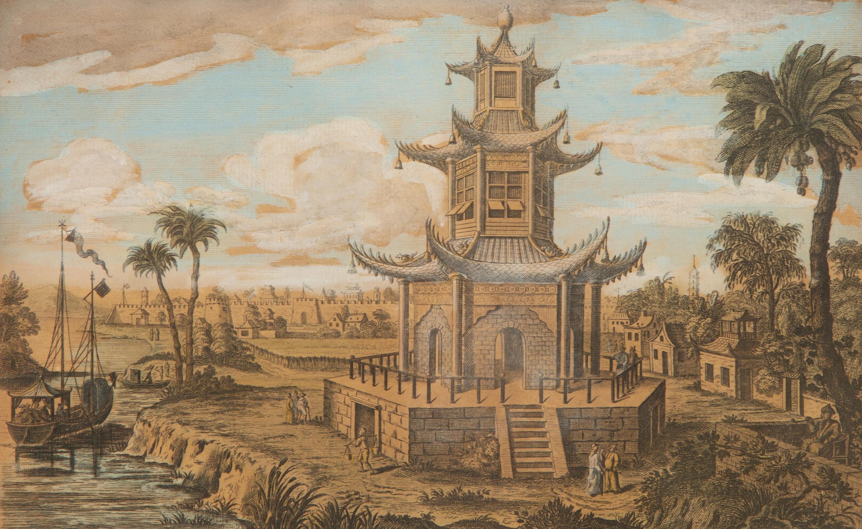 A Set of Five Colored Engravings of Views of China, After Augustin Heckel