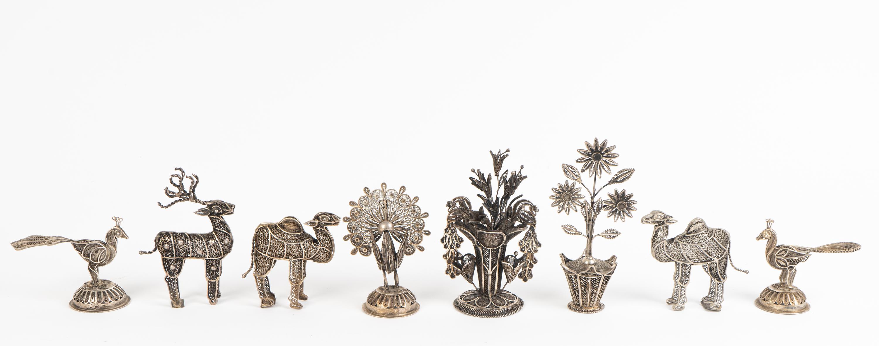 Eight Indian Silvered Filigree Metal Articles