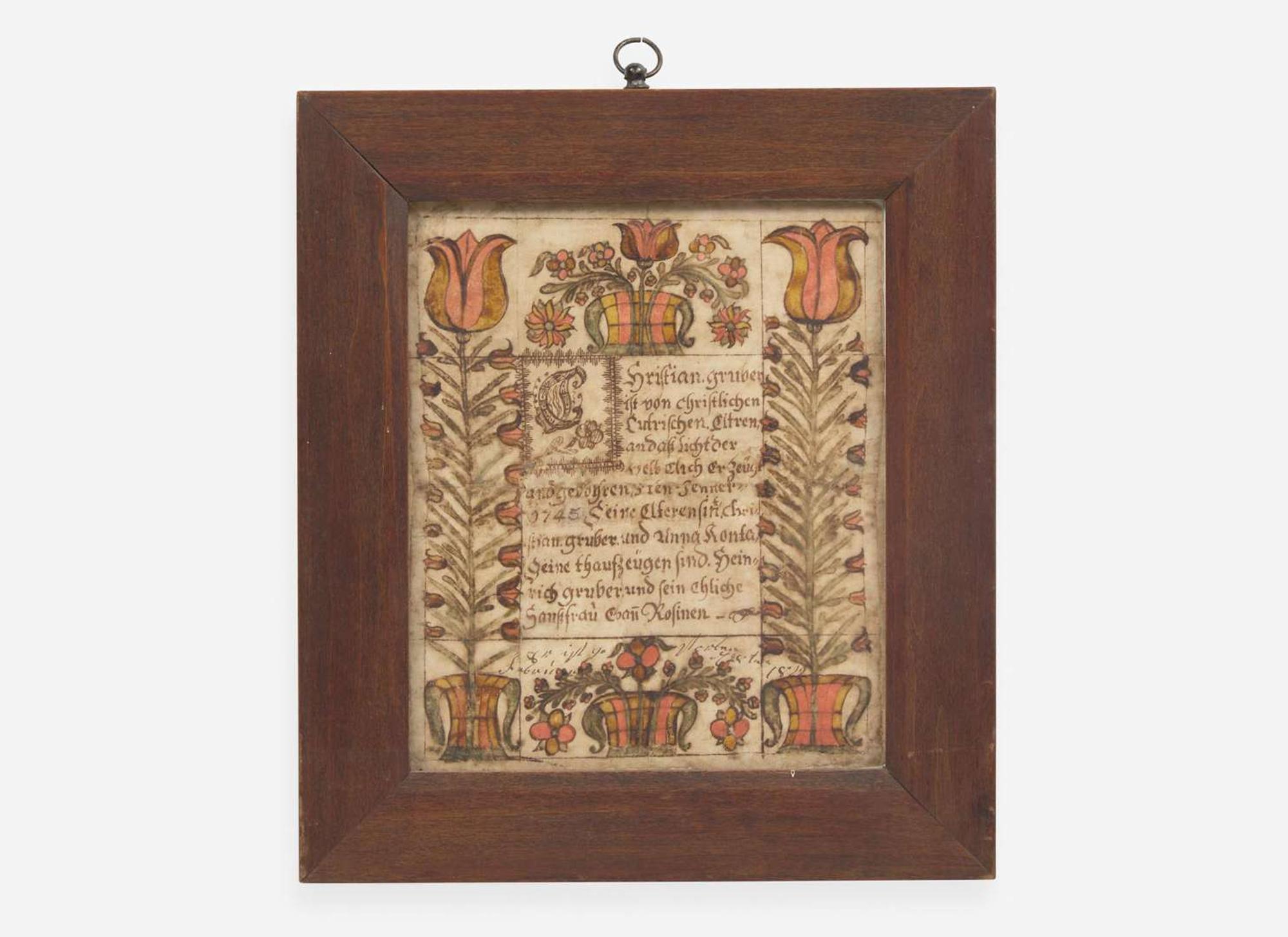 A Fraktur birth record for Christian Gruber, dated "1822"