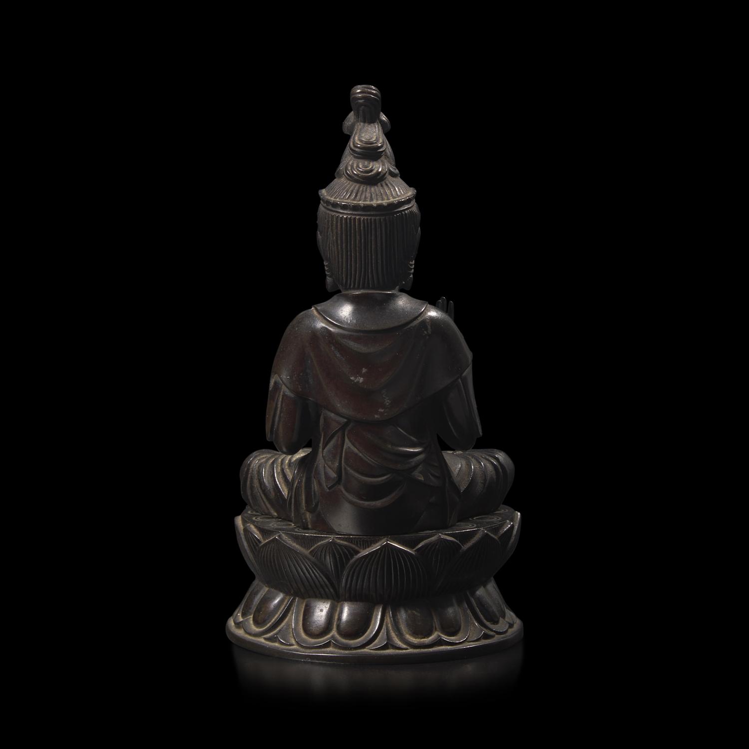 A Japanese Patinated Bronze Seated Bosatsu and Lotus Stand, with Signature of Watanabe Doi, Meiji Period