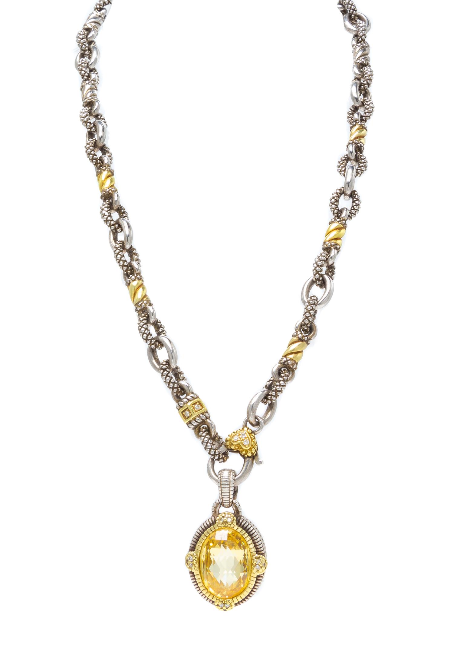 A Sterling Silver, 18 Karat Yellow Gold, Canary Quartz and Diamond 'Two' Pendant/Necklace, Judith Ripka, 45.50 dwts.