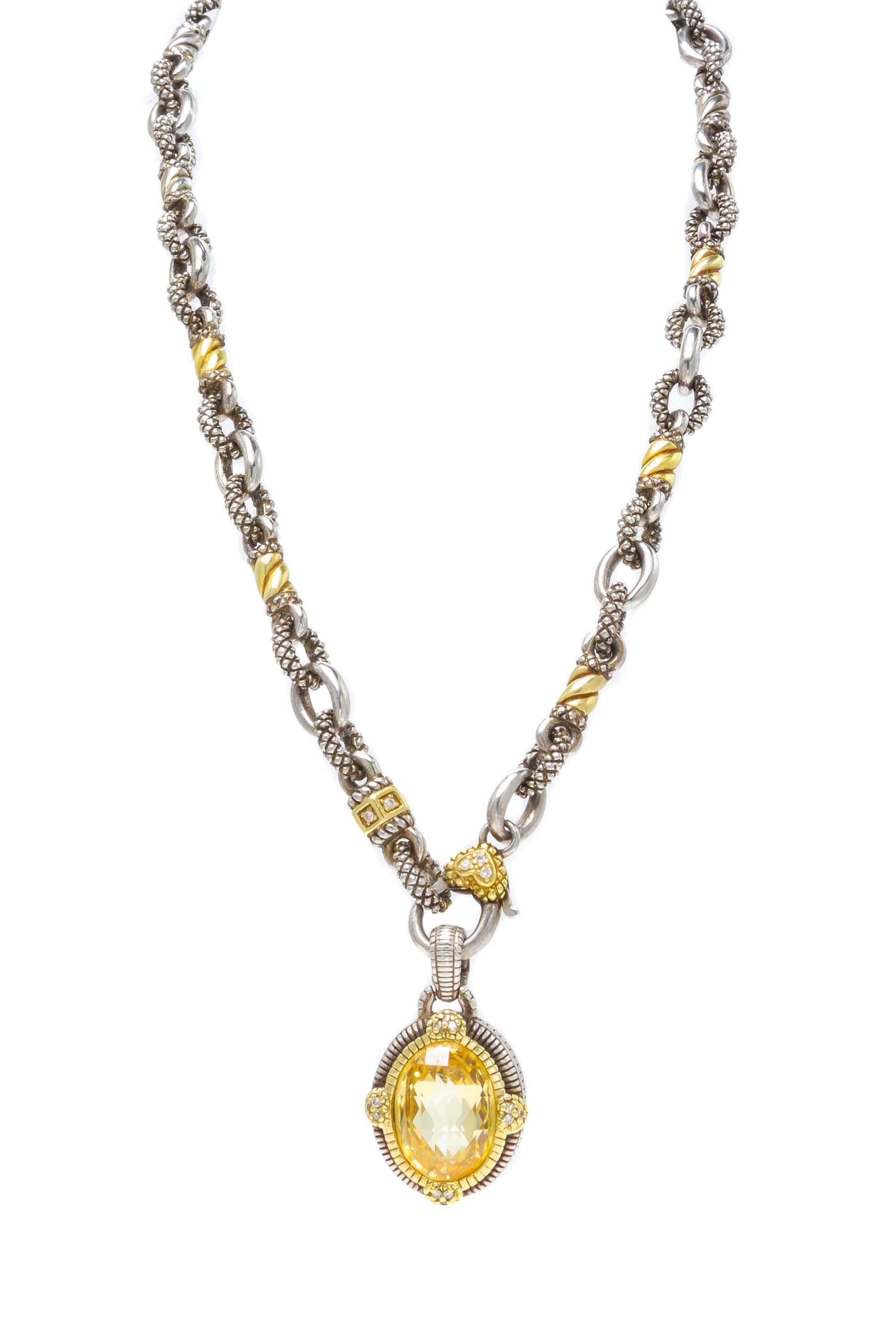 A Sterling Silver, 18 Karat Yellow Gold, Canary Quartz and Diamond 'Two' Pendant/Necklace, Judith Ripka, 45.50 dwts.