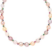 MULTI-COLORED CULTURED PEARL, SAPPHIRE, RUBY, EMERALD AND DIAMOND NECKLACE