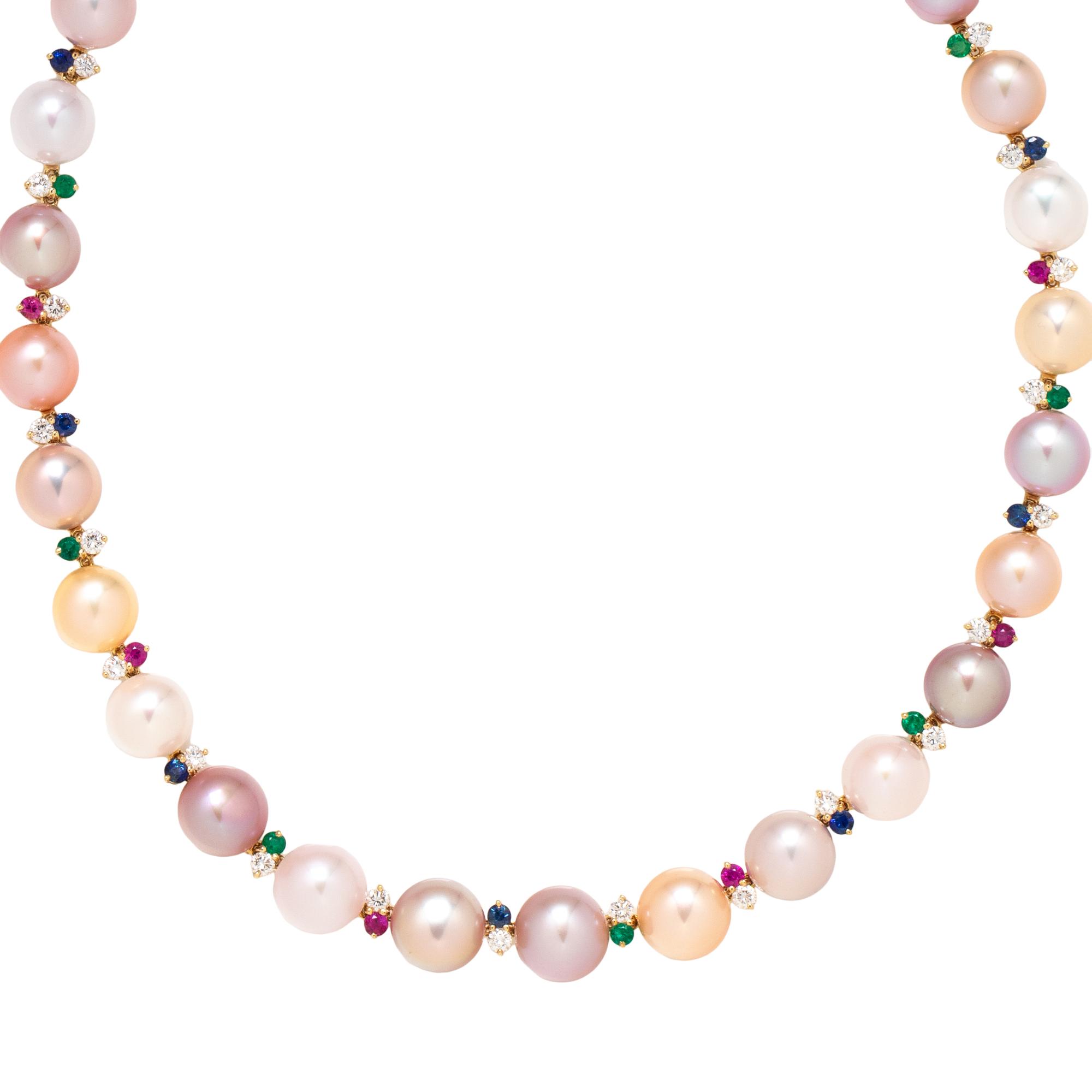 MULTI-COLORED CULTURED PEARL, SAPPHIRE, RUBY, EMERALD AND DIAMOND NECKLACE