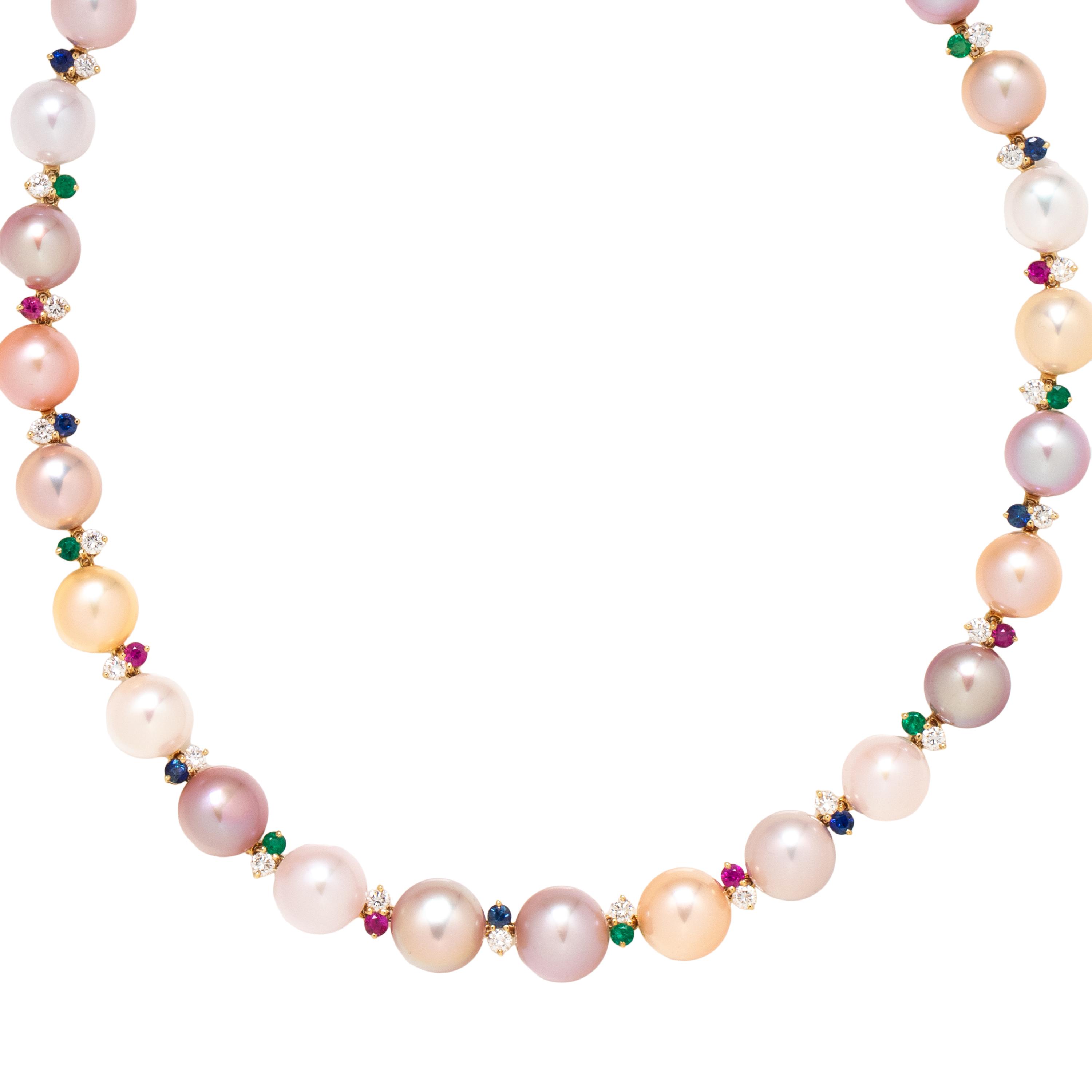 MULTI-COLORED CULTURED PEARL, SAPPHIRE, RUBY, EMERALD AND DIAMOND NECKLACE