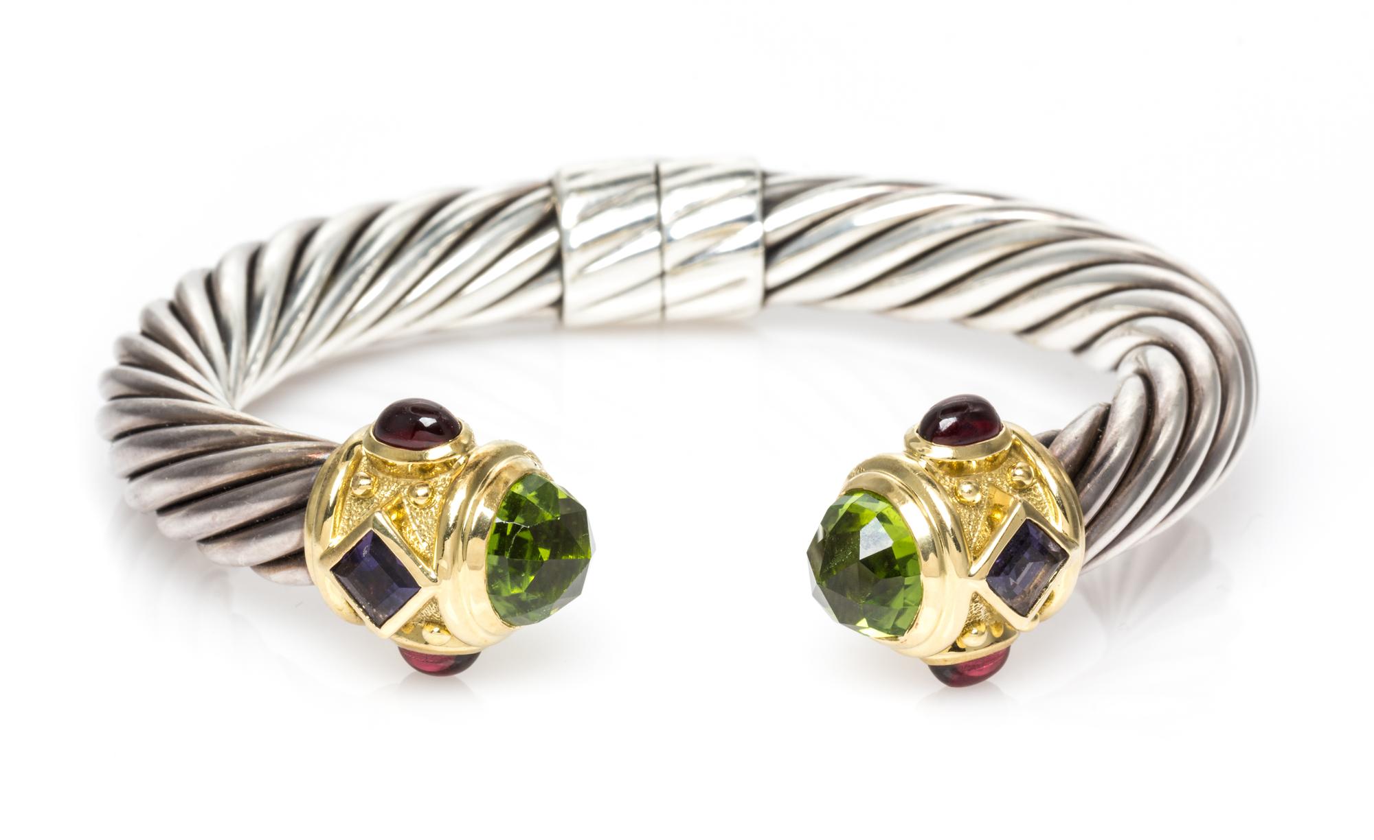 A Sterling Silver, 14 Karat Yellow Gold, Peridot, Iolite and Garnet 'Renaissance' Bracelet, David Yurman, 36.60 dwts.