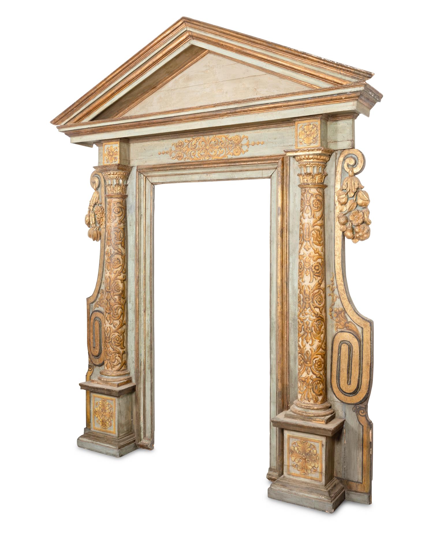 A Monumental Italian Baroque Painted and Parcel Gilt Portal