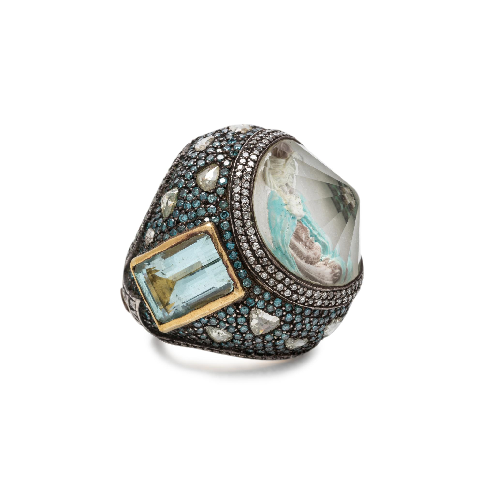 SEVAN BICAKCI, CARVED QUARTZ, AQUAMARINE AND DIAMOND RING