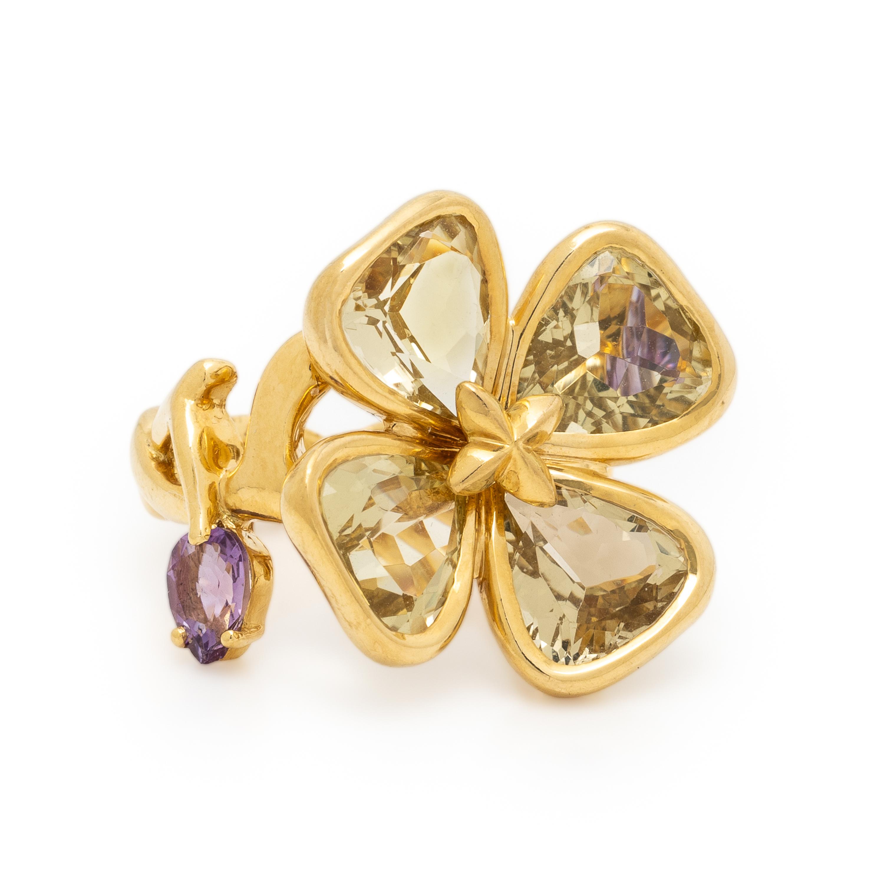 Citrine, Amethyst, and Yellow Gold Clover Ring