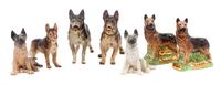 A Group of Eight Porcelain German Shepherds Width of widest 9 1/4 inches.