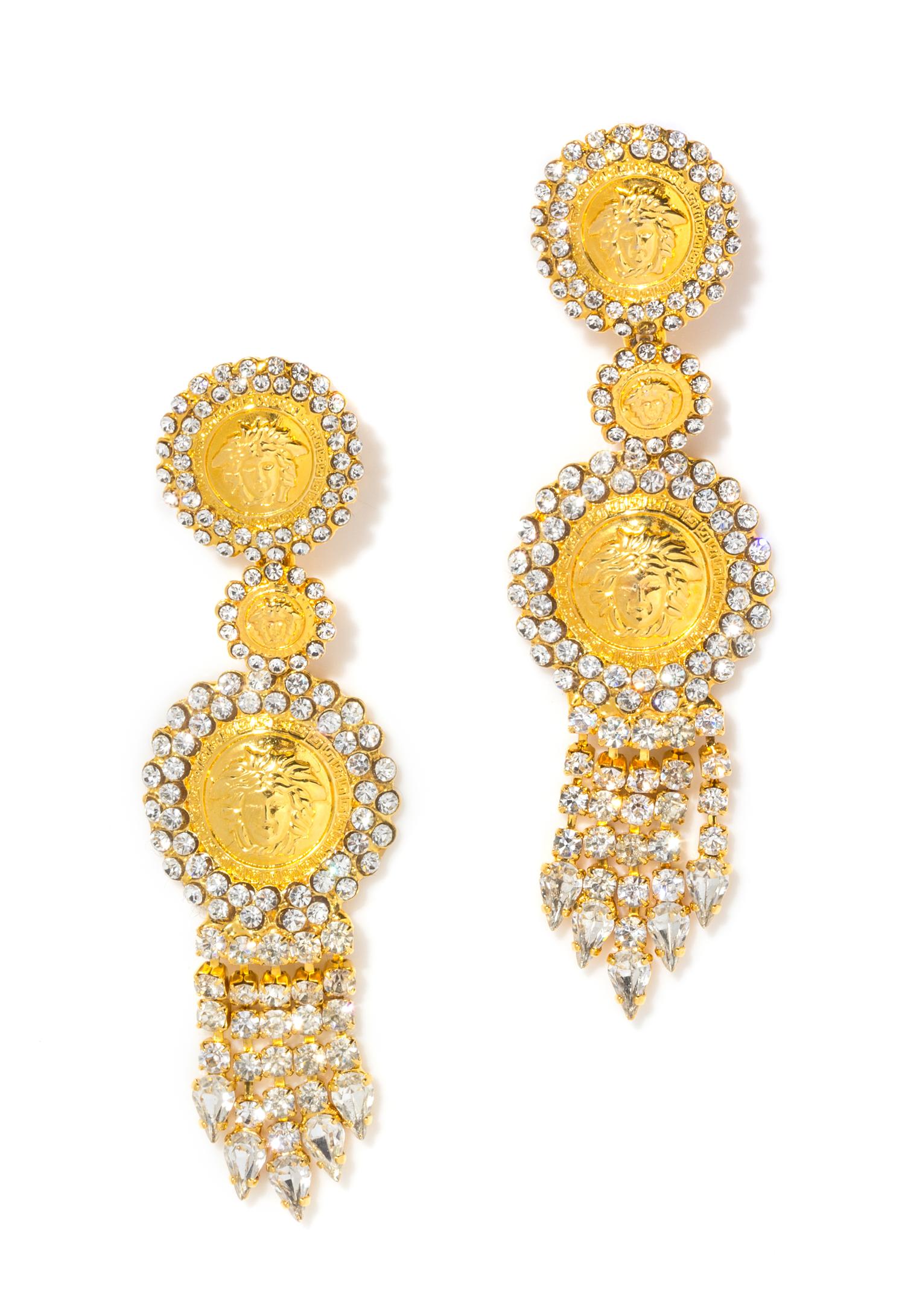 A Pair of Gianni Versace Medusa and Rhinestone Fringe Earclips, 5" x 1.5".