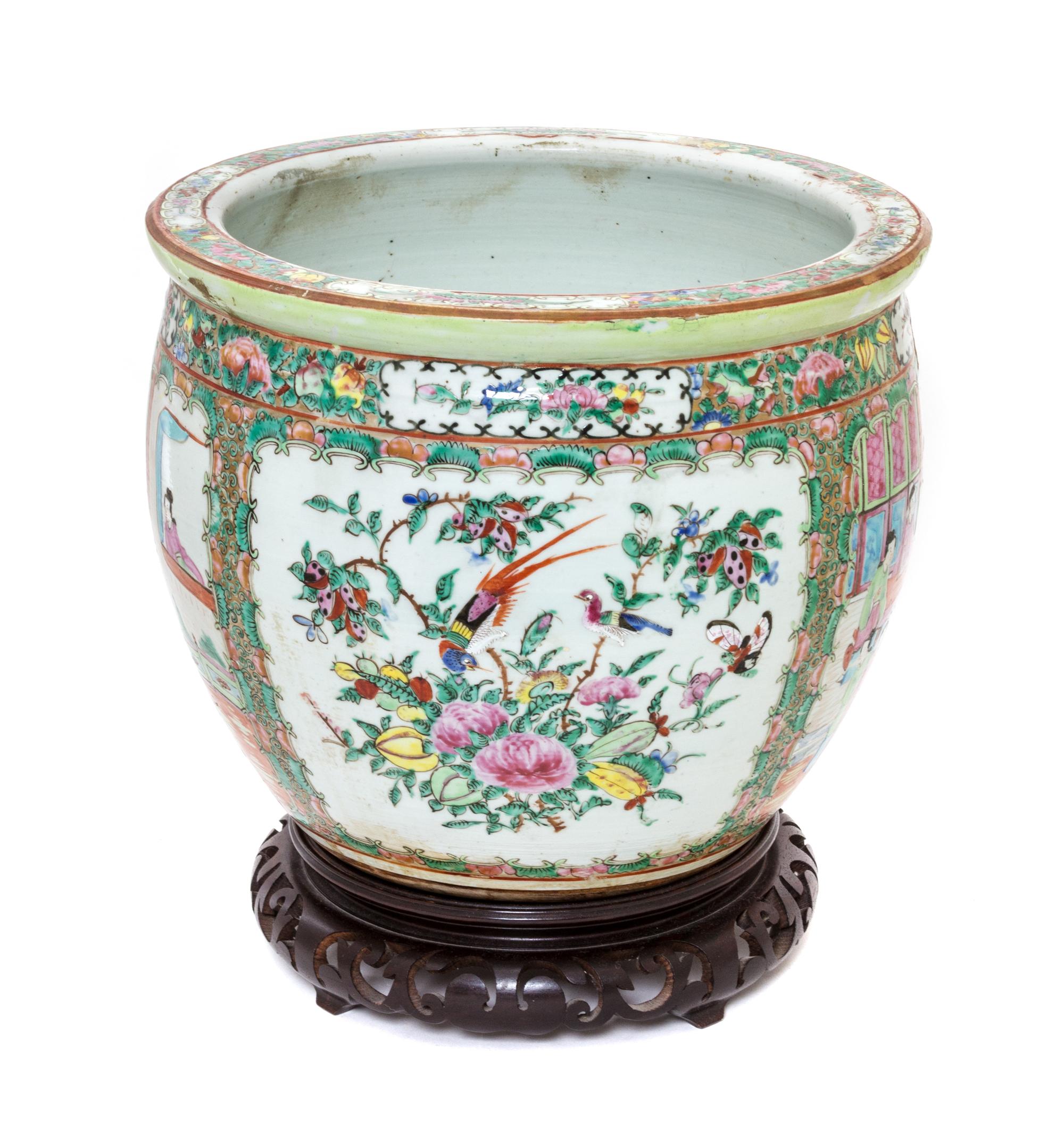 A Chinese Export Rose Canton Porcelain Jardiniere Height 10 1/4 inches. — 19TH CENTURY
