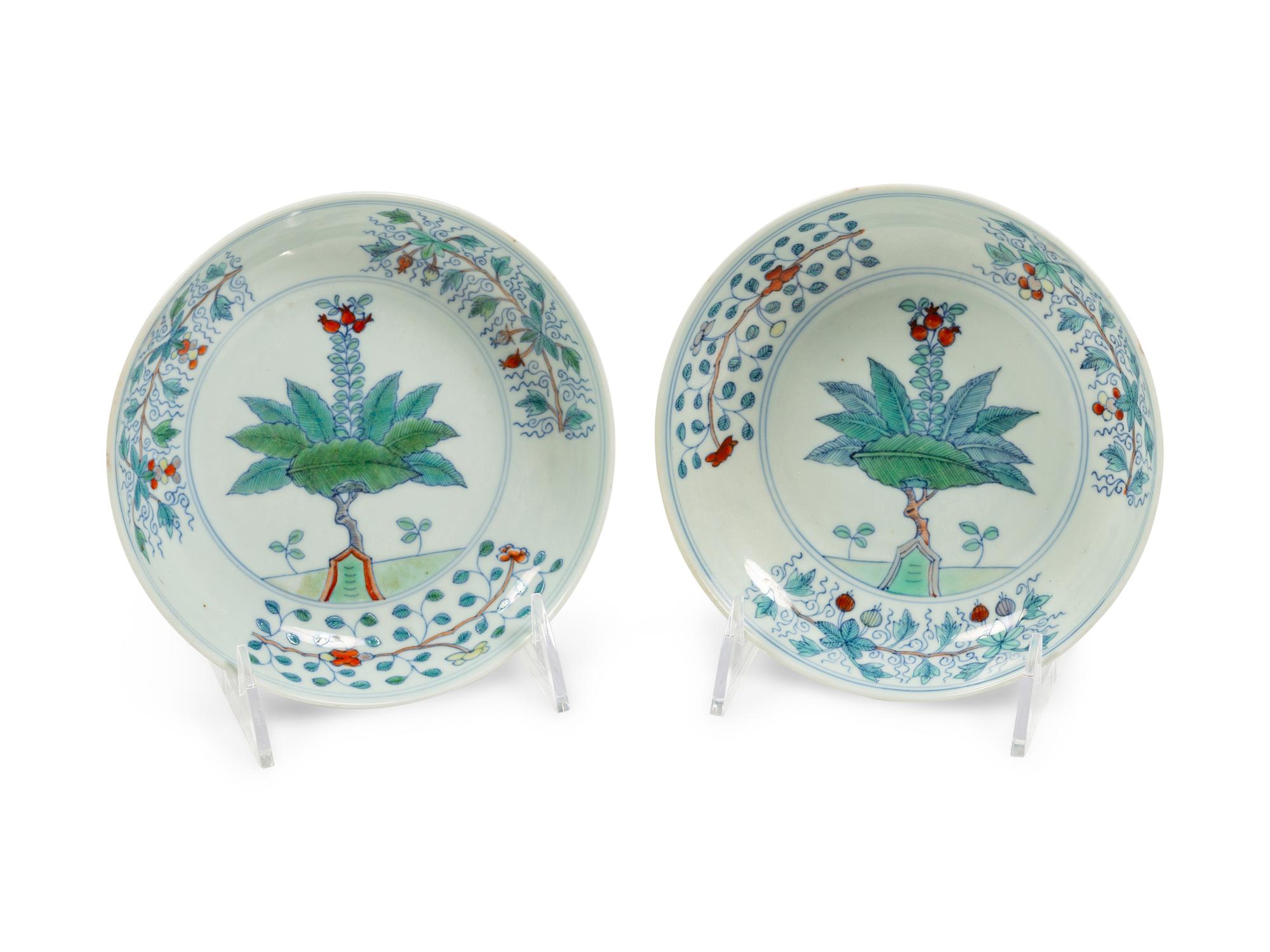 A Pair of Chinese Doucai Porcelain 'Pomegranate' Dishes