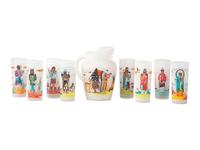 Set of Frosted Glass Tumblers, Pitcher, and Wood Trays