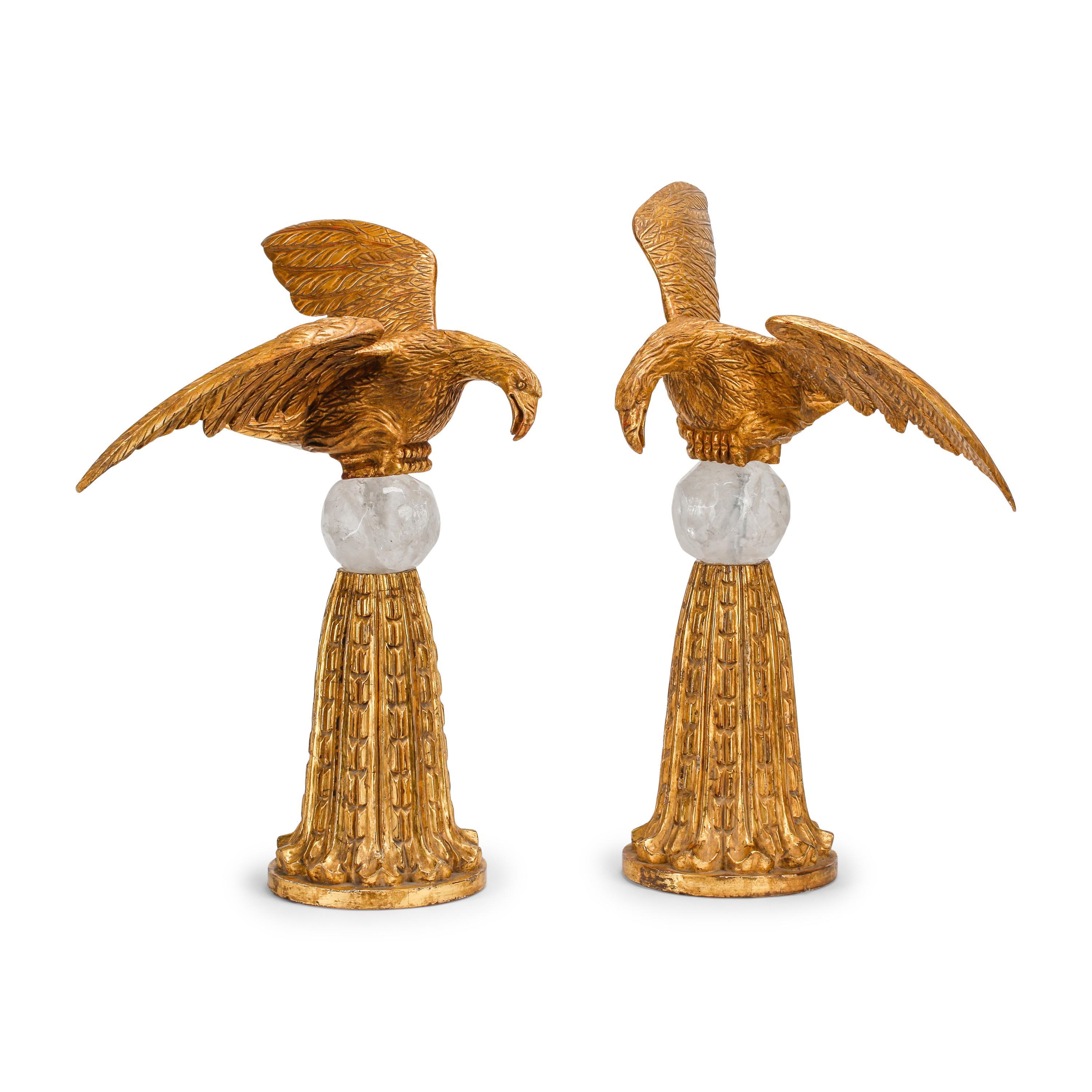 A Pair of Italian Carved Giltwood and Rock Crystal Eagle Ornaments