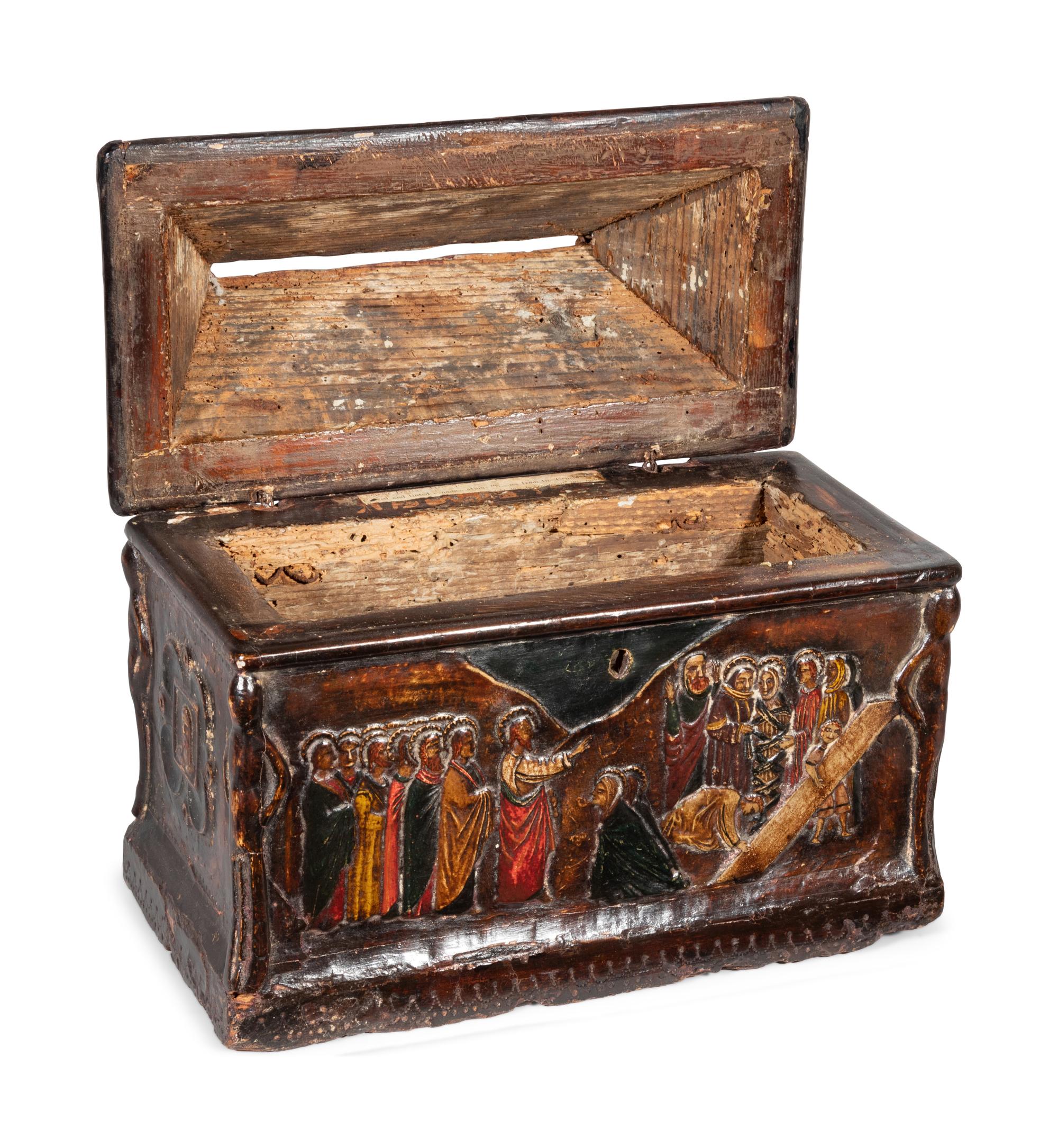 An Italian Polychrome Decorated Salt Box Depicting Scenes from the Crucifixion
