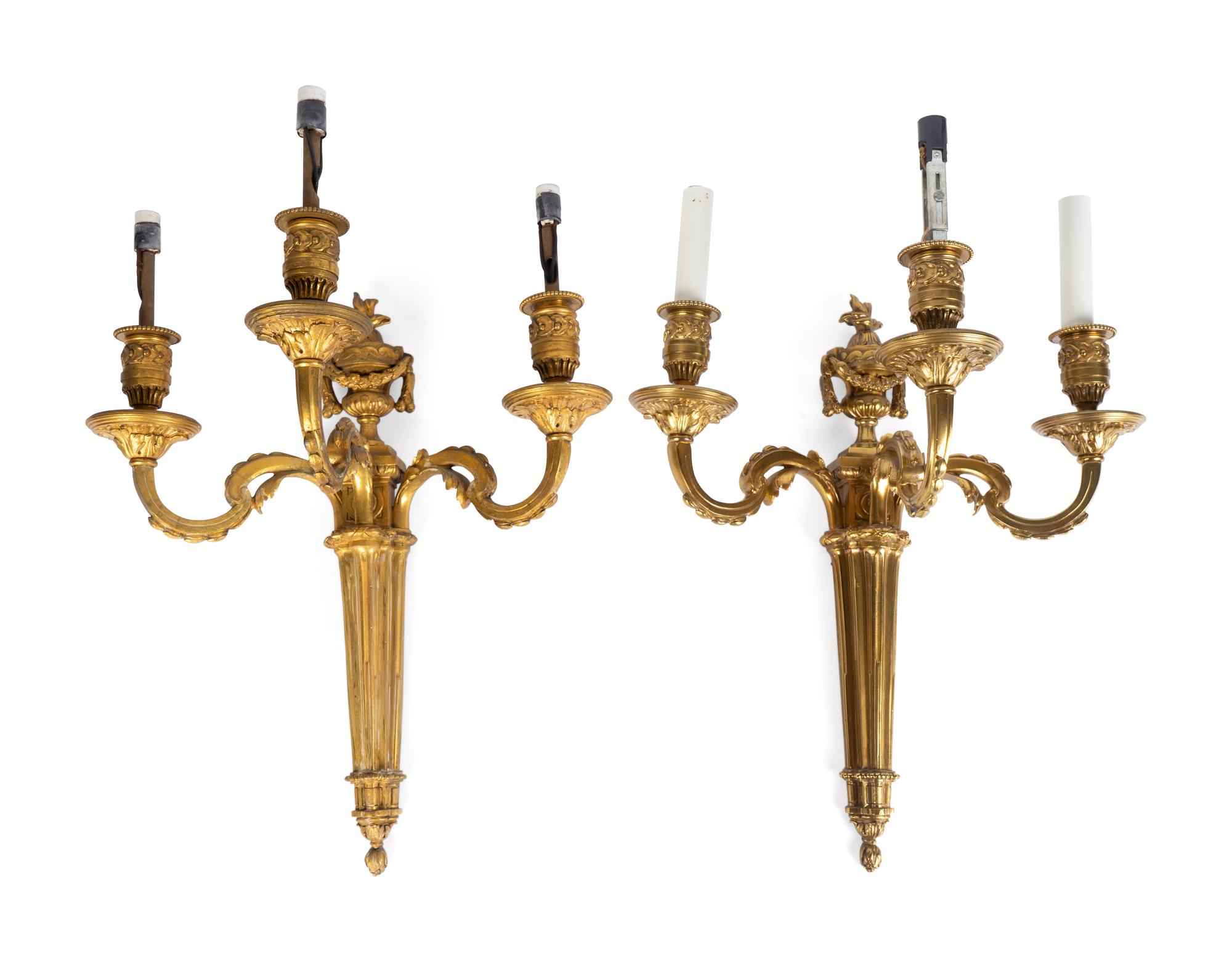 A Pair Louis XVI Style Bronze Three-Light Sconces — 19TH CENTURY