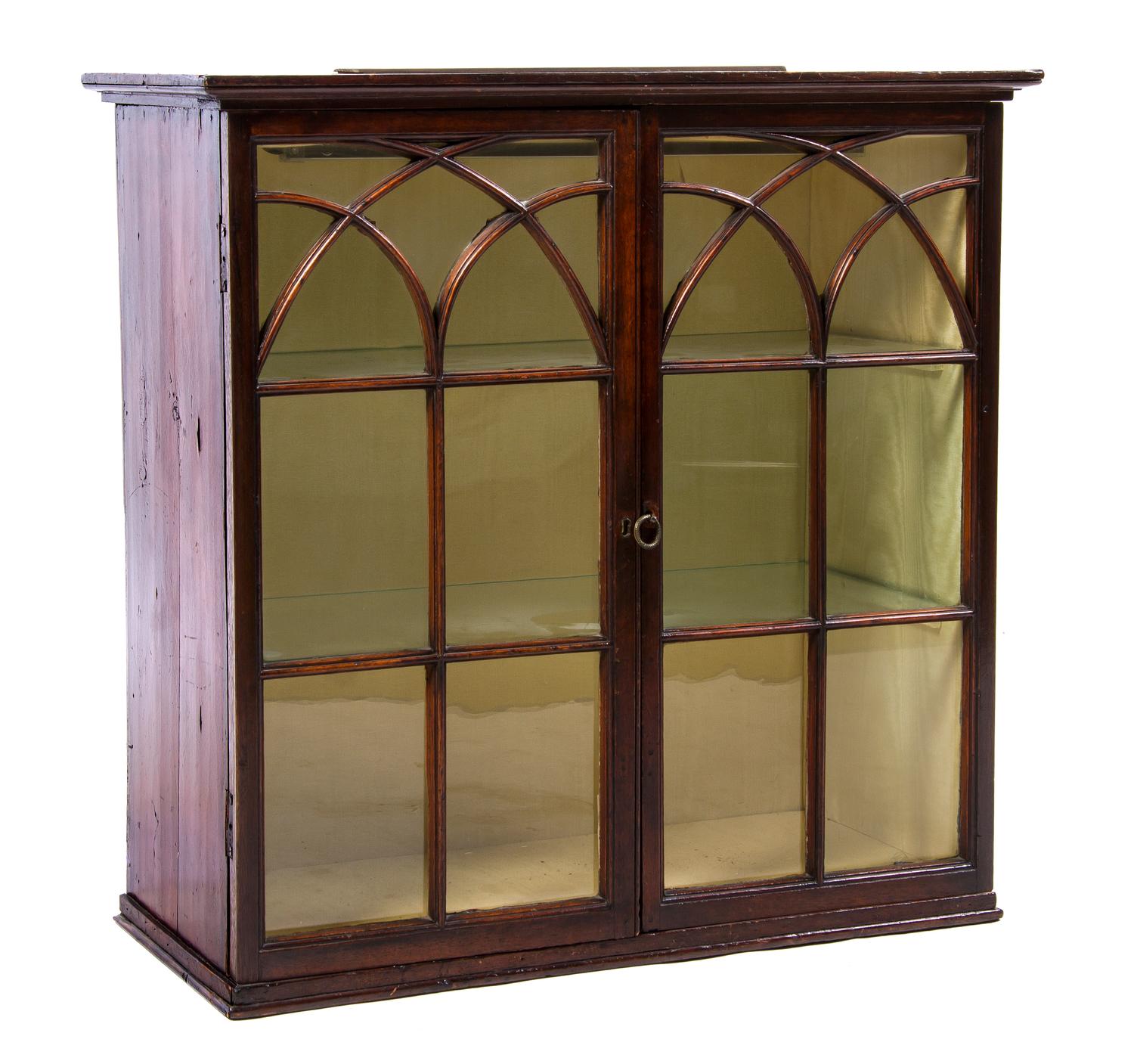 A Chippendale Style Mahogany Hanging Vitrine, Height 28 x width 27 x depth 12 1/2 inches.