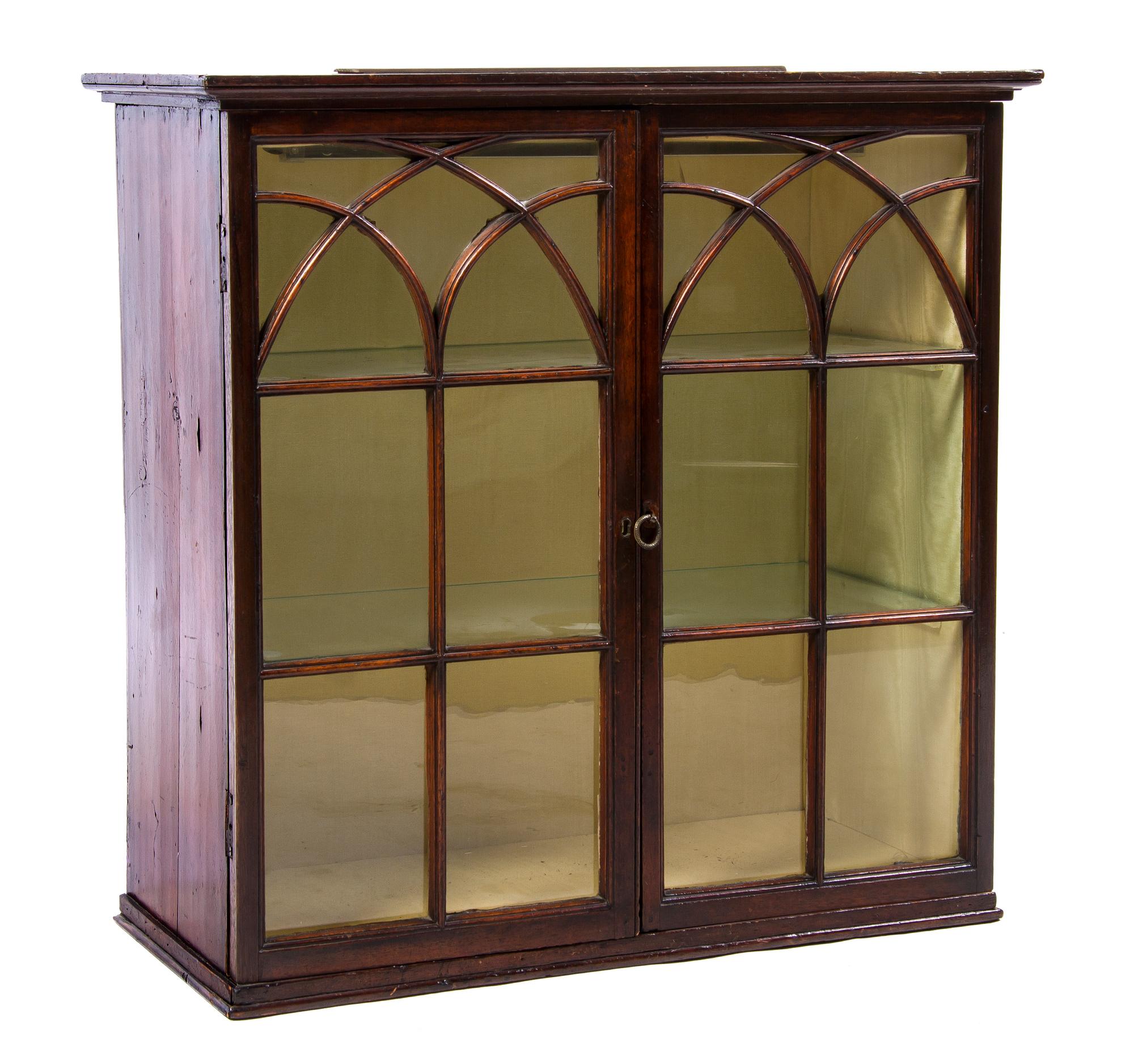 A Chippendale Style Mahogany Hanging Vitrine, Height 28 x width 27 x depth 12 1/2 inches.