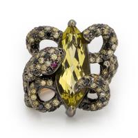 Lemon Quartz, Colored Diamond, and Blackened Gold Snake Ring