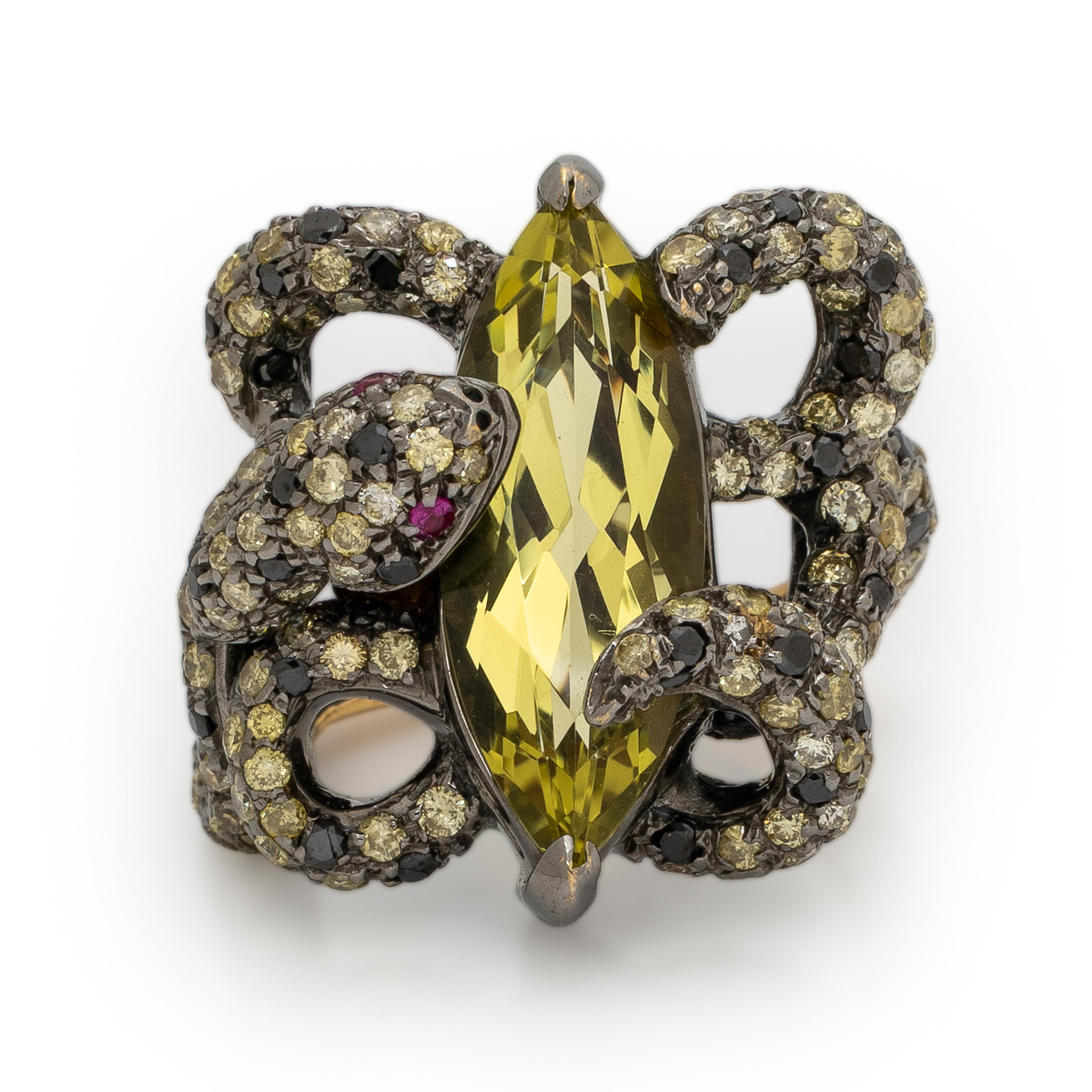 Lemon Quartz, Colored Diamond, and Blackened Gold Snake Ring