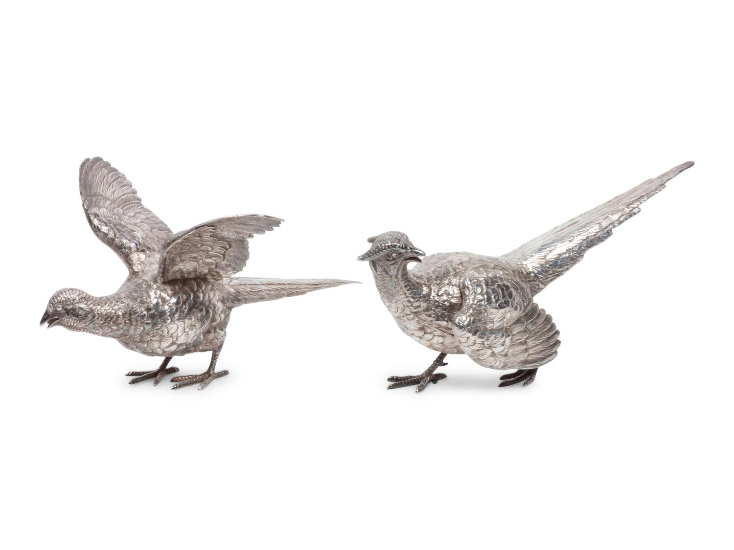A Pair of English Silver Pheasant Table Ornaments
