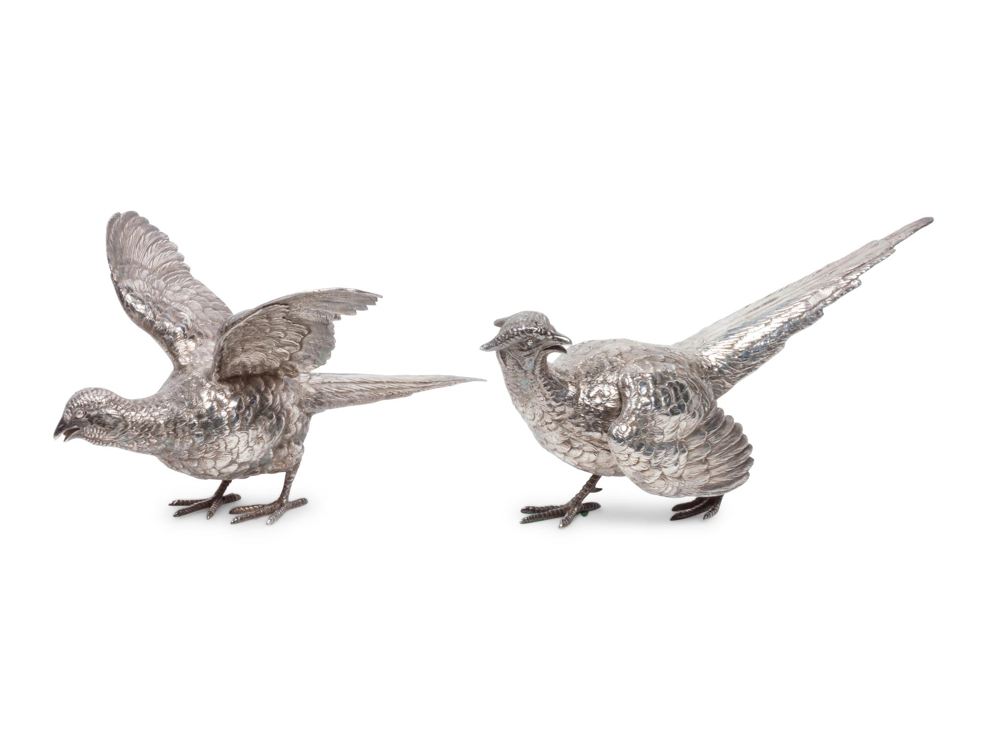 A Pair of English Silver Pheasant Table Ornaments