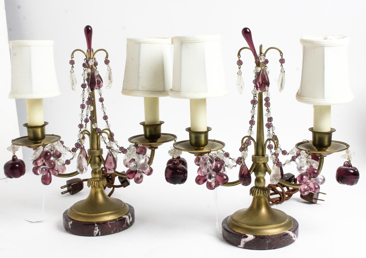 A Pair of Brass and Glass Two-Light Candelabra Height 12 1/2 inches. — LATE 19TH CENTURY