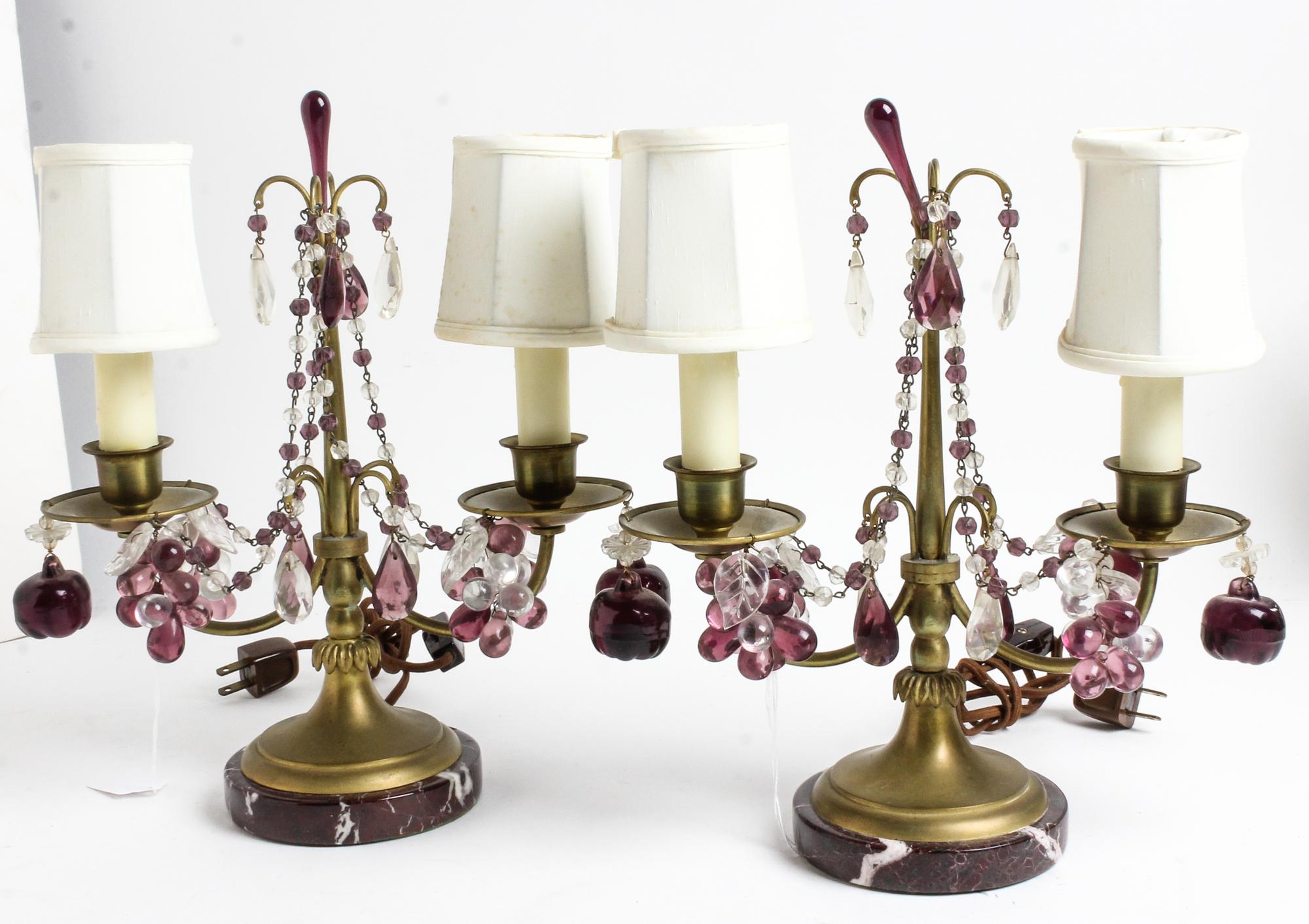 A Pair of Brass and Glass Two-Light Candelabra Height 12 1/2 inches. — LATE 19TH CENTURY