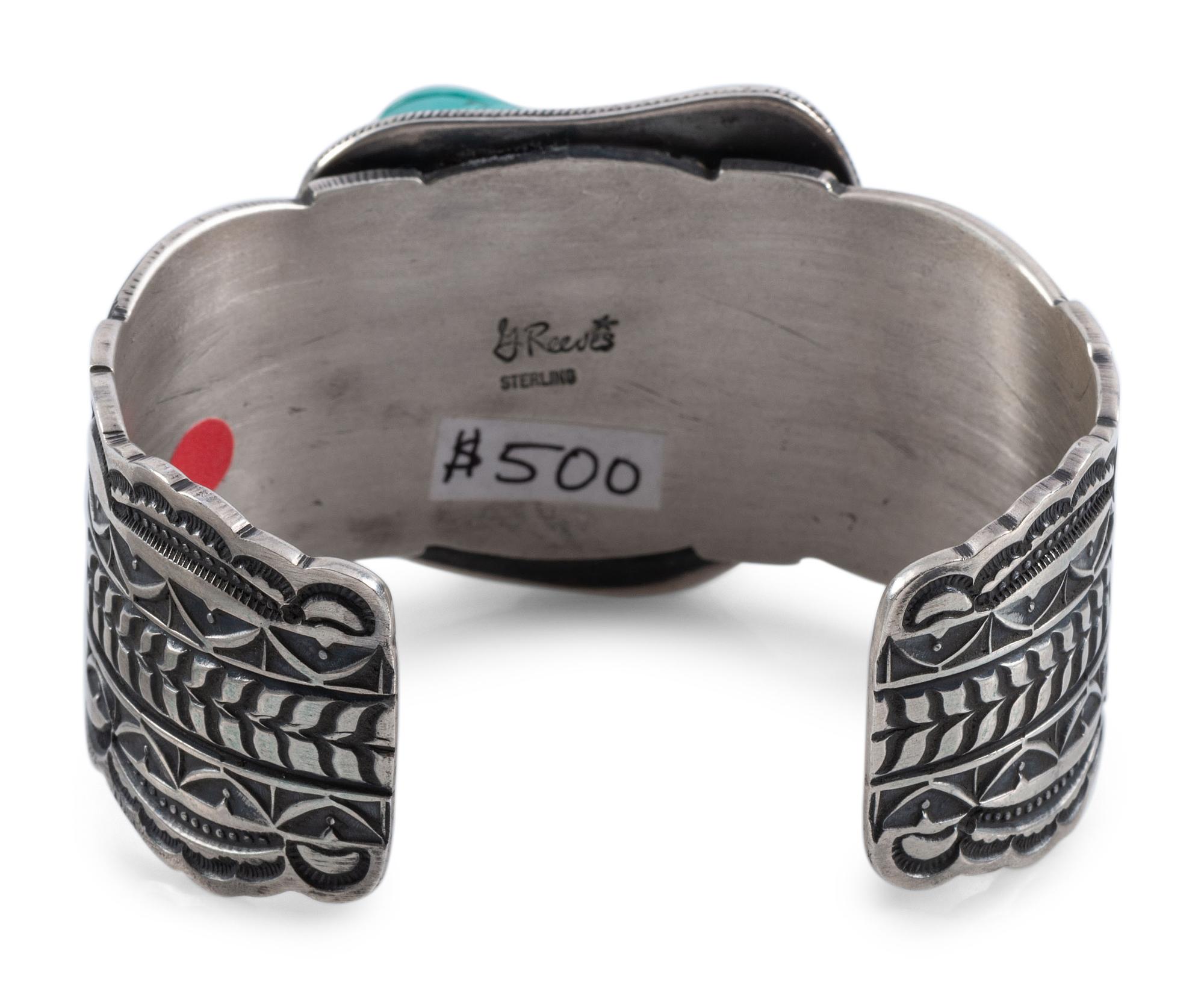 Heavily Stamped Sterling Silver Cuff Bracelet, with Carved Turquoise Frog