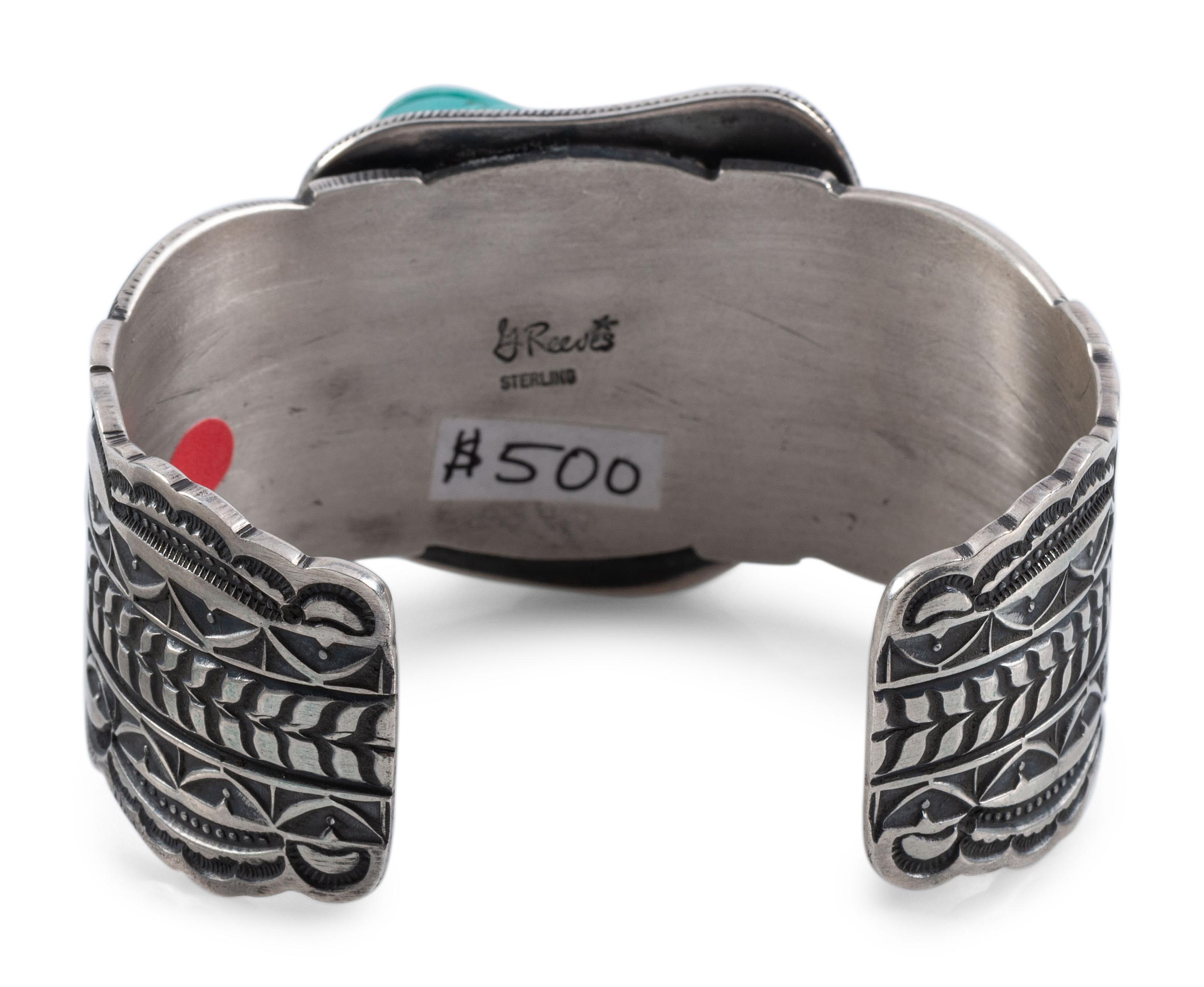Heavily Stamped Sterling Silver Cuff Bracelet, with Carved Turquoise Frog