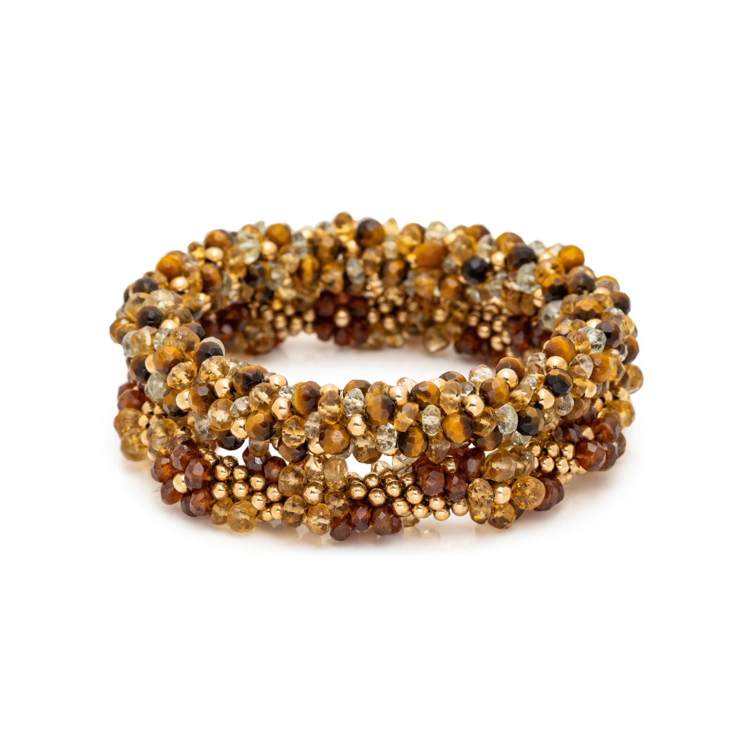 COLLECTION OF YELLOW GOLD AND GEMSTONE BEADED BRACELETS