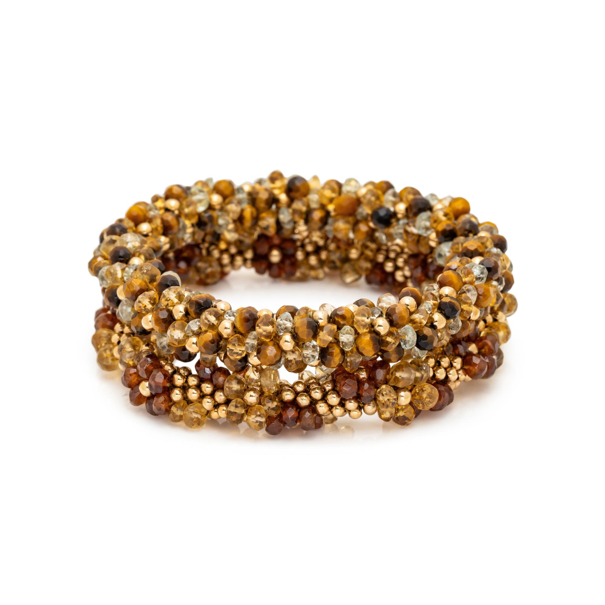 COLLECTION OF YELLOW GOLD AND GEMSTONE BEADED BRACELETS