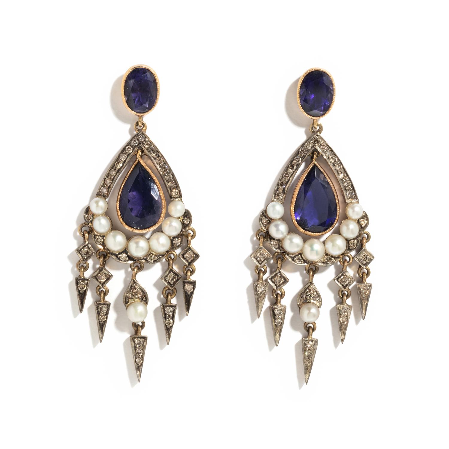 IOLITE, COLORED DIAMOND AND CULTURED PEARL EARRINGS