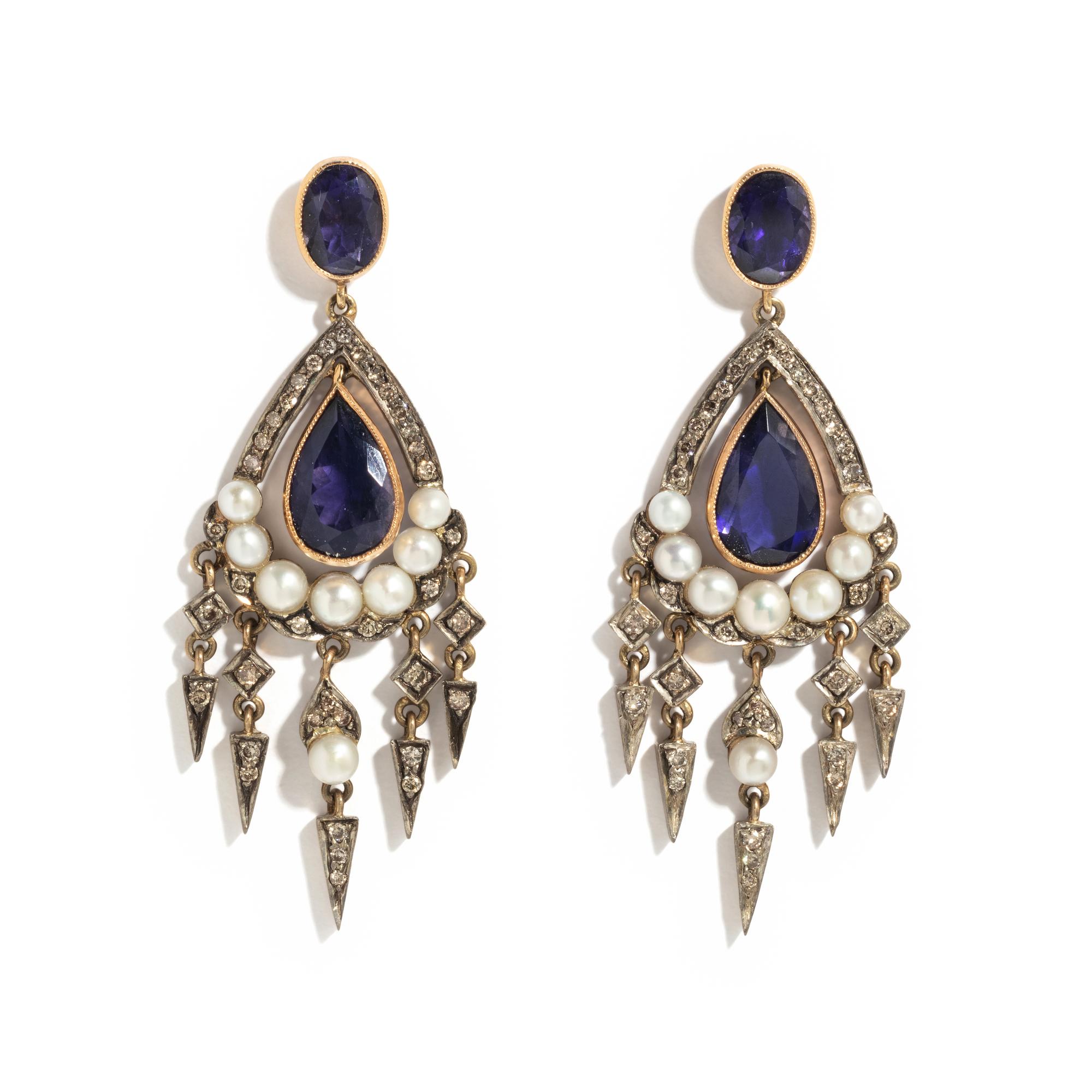 IOLITE, COLORED DIAMOND AND CULTURED PEARL EARRINGS