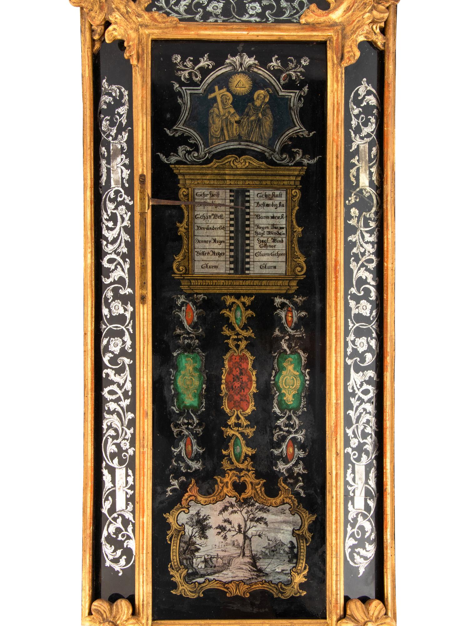 A German Rococo Carved Giltwood and Églomisé Decorated Barometer