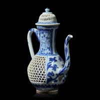 A Chinese Blue and White Double-Walled Reticulated Small Ewer and Cover, Kangxi Period 清康熙 青花鏤空花卉紋執壺