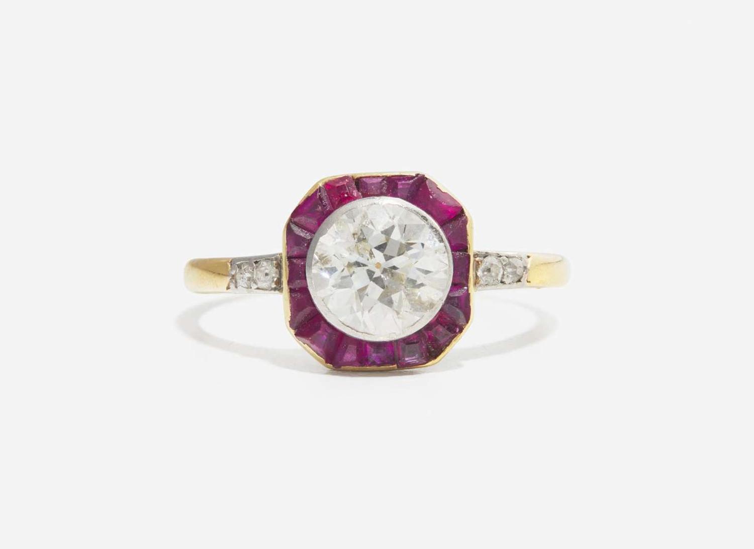 An Art Deco Ladies 14K Yellow Gold, Diamond, and Ruby Ring
